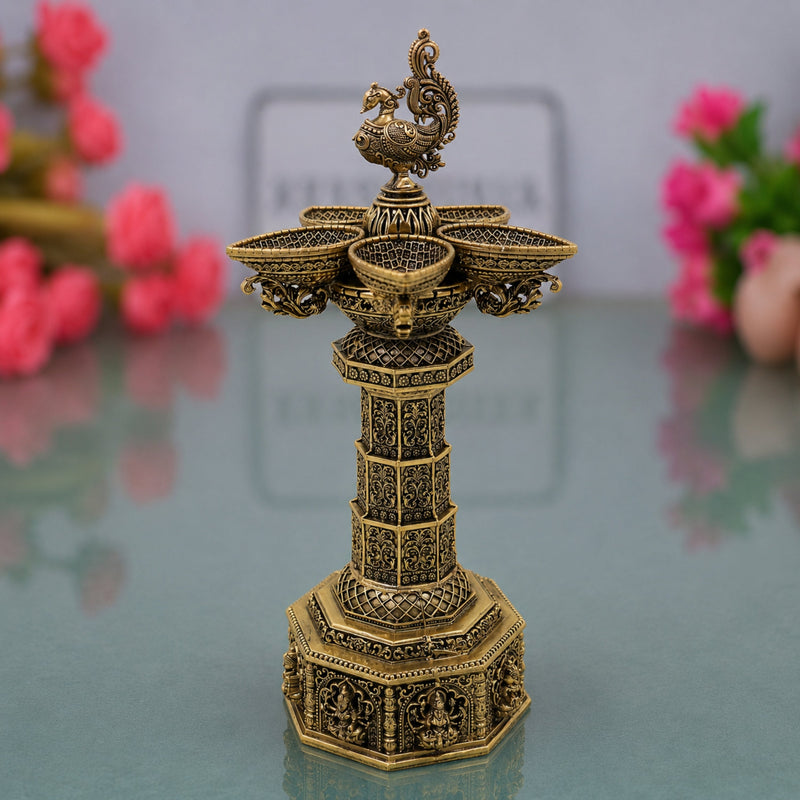 Brass Peacock Lakshmi Vilakku Deepam, Handcrafted Traditional Chola Pooja Lamp for Decor & Gifting, Gold, 13 Inch, 1 Piece