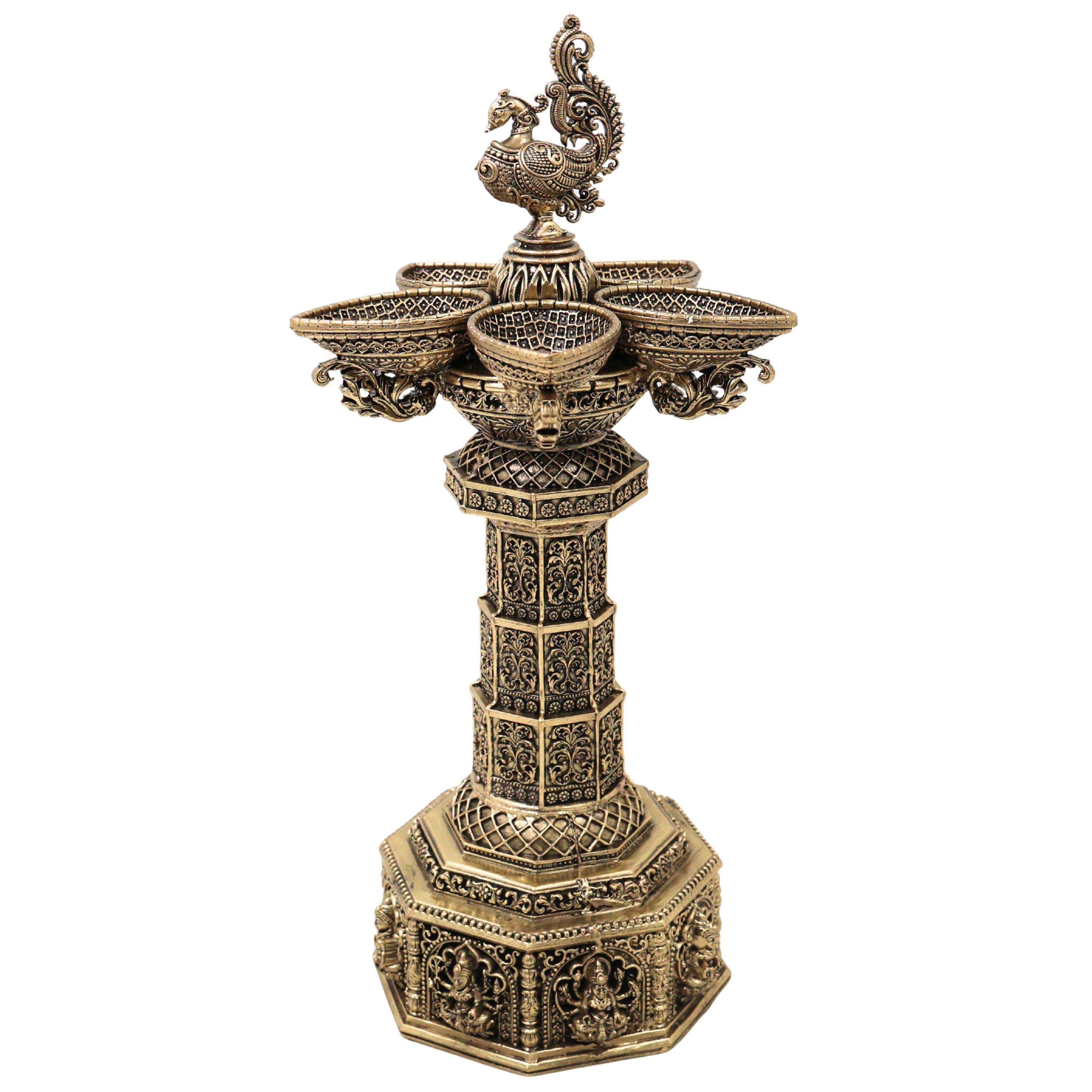 Brass Peacock Lakshmi Vilakku Deepam, Handcrafted Traditional Chola Pooja Lamp for Decor & Gifting, Gold, 13 Inch, 1 Piece