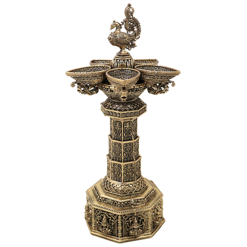 Brass Peacock Lakshmi Vilakku Deepam, Handcrafted Traditional Chola Pooja Lamp for Decor & Gifting, Gold, 13 Inch, 1 Piece