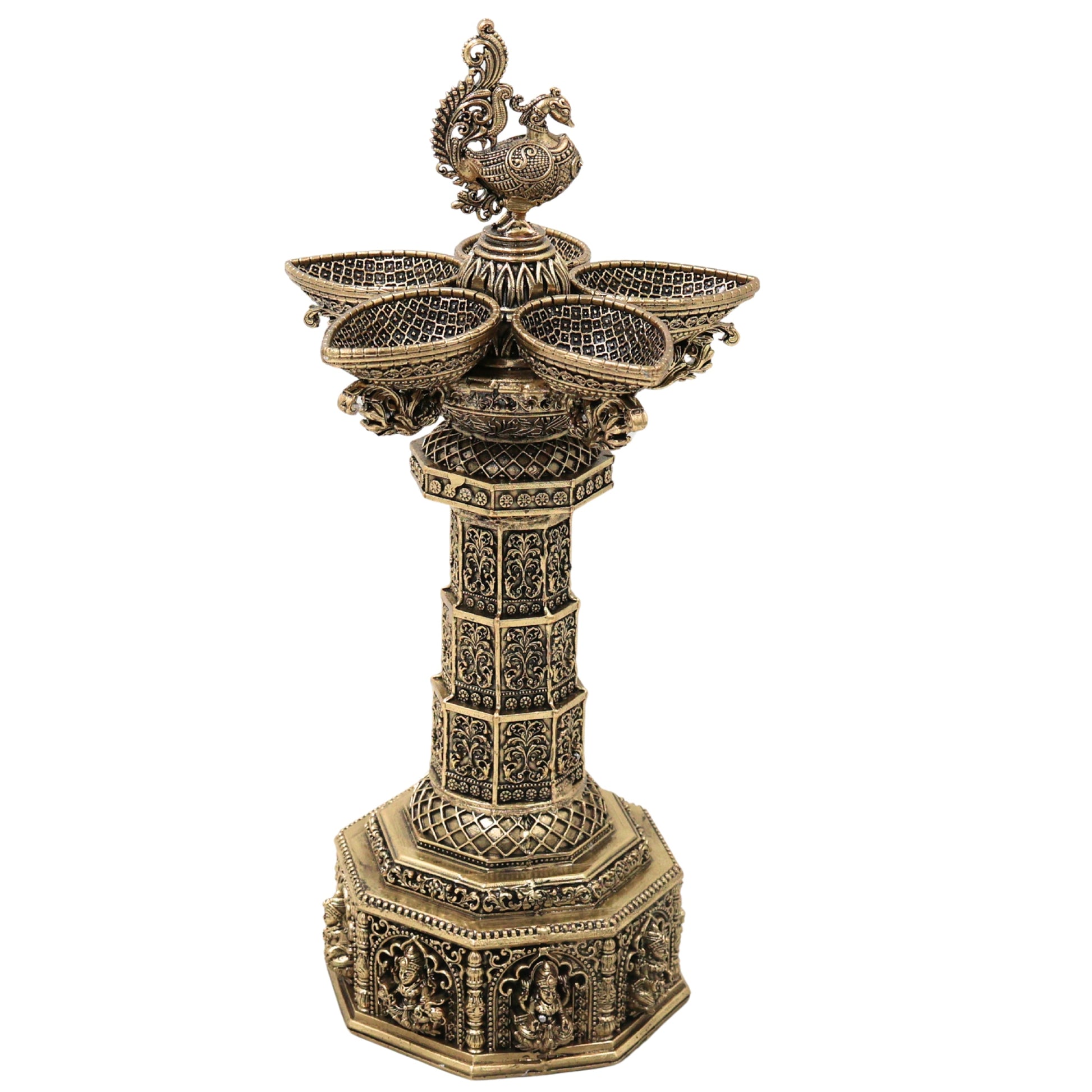 Brass Peacock Lakshmi Vilakku Deepam, Handcrafted Traditional Chola Pooja Lamp for Decor & Gifting, Gold, 13 Inch, 1 Piece