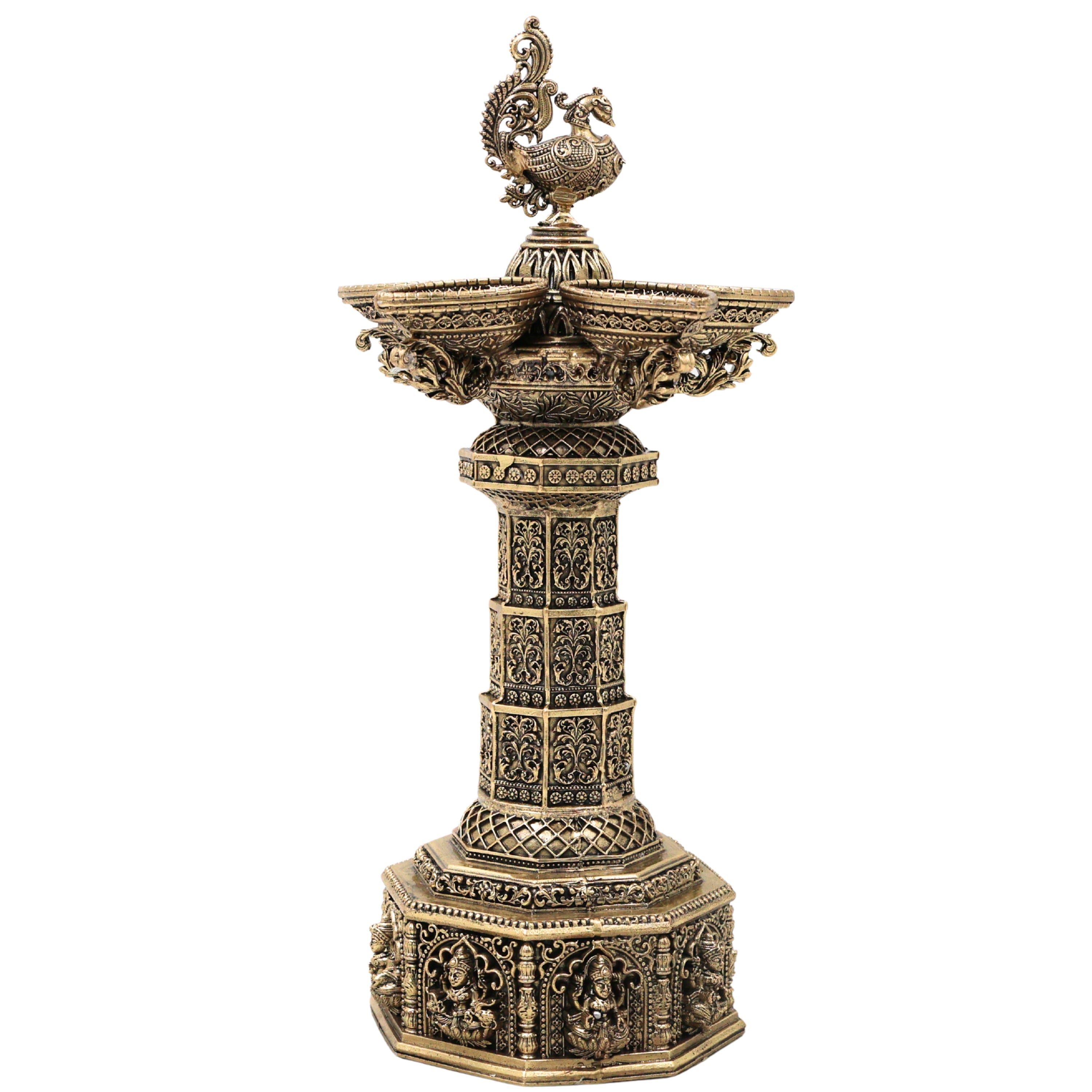 Brass Peacock Lakshmi Vilakku Deepam, Handcrafted Traditional Chola Pooja Lamp for Decor & Gifting, Gold, 13 Inch, 1 Piece