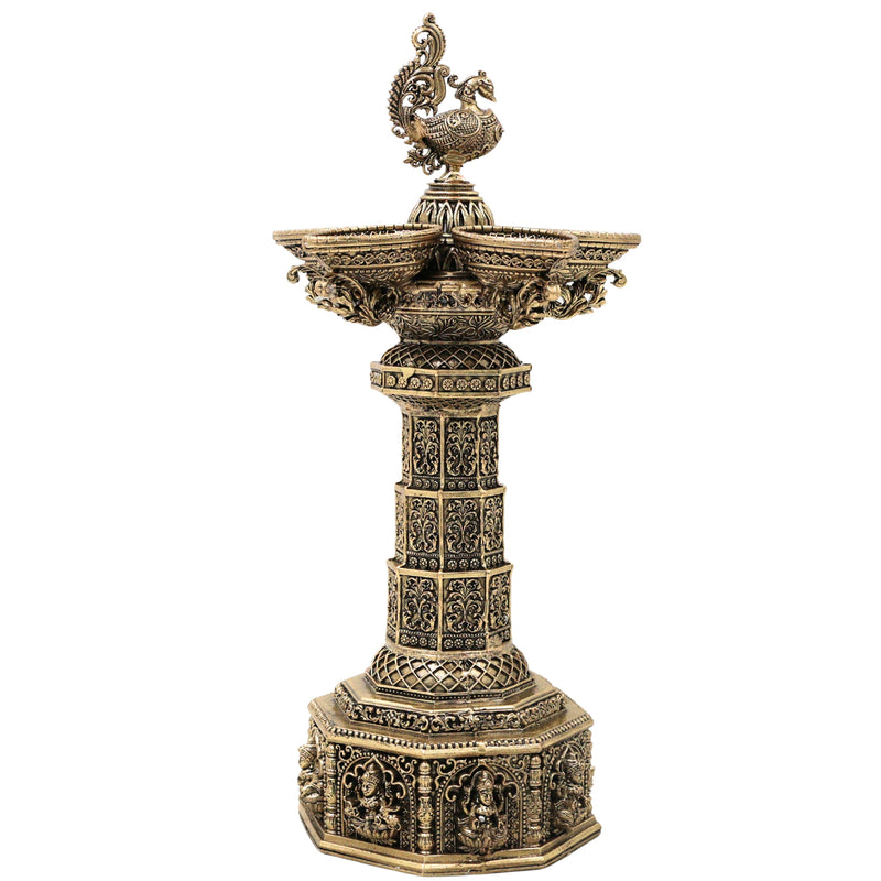 Brass Peacock Lakshmi Vilakku Deepam, Handcrafted Traditional Chola Pooja Lamp for Decor & Gifting, Gold, 13 Inch, 1 Piece