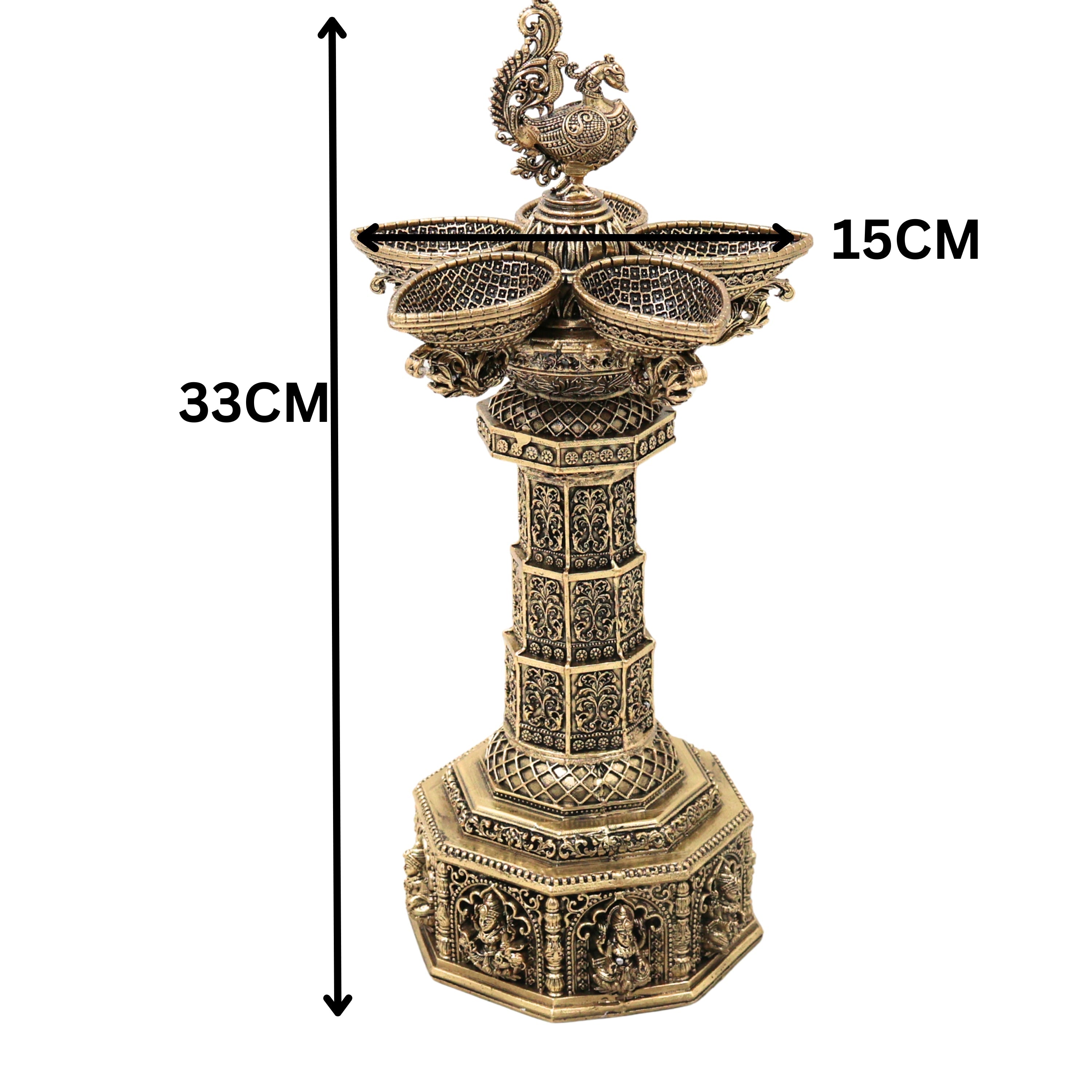 Brass Peacock Lakshmi Vilakku Deepam, Handcrafted Traditional Chola Pooja Lamp for Decor & Gifting, Gold, 13 Inch, 1 Piece