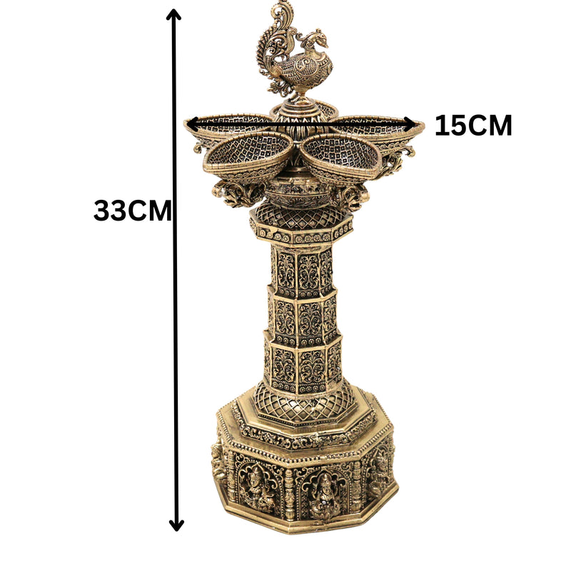 Brass Peacock Lakshmi Vilakku Deepam, Handcrafted Traditional Chola Pooja Lamp for Decor & Gifting, Gold, 13 Inch, 1 Piece