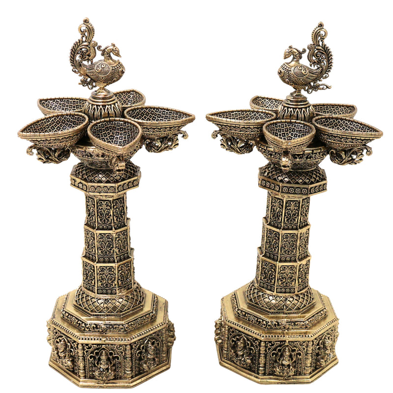 Brass Peacock Lakshmi Vilakku Deepam, Handcrafted Traditional Pooja Lamp for Temple Home Decor & GiftingSet Of 2, Gold, 13 Inch, 2 Piece