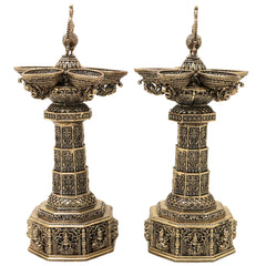 Brass Peacock Lakshmi Vilakku Deepam, Handcrafted Traditional Pooja Lamp for Temple Home Decor & GiftingSet Of 2, Gold, 13 Inch, 2 Piece