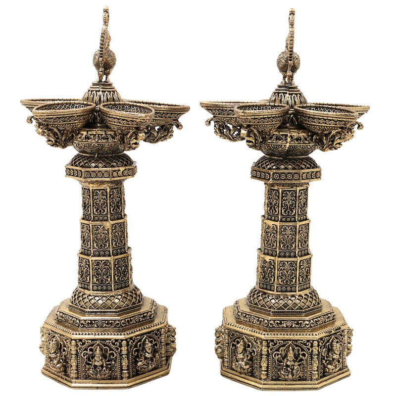 Brass Peacock Lakshmi Vilakku Deepam, Handcrafted Traditional Pooja Lamp for Temple Home Decor & GiftingSet Of 2, Gold, 13 Inch, 2 Piece