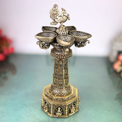 Brass Mahalakshmi Vilakku Lamp for Pooja, Traditional Handcrafted Deepam Home Decor Gift, Gold, 14.5 Inch, 1 Piece