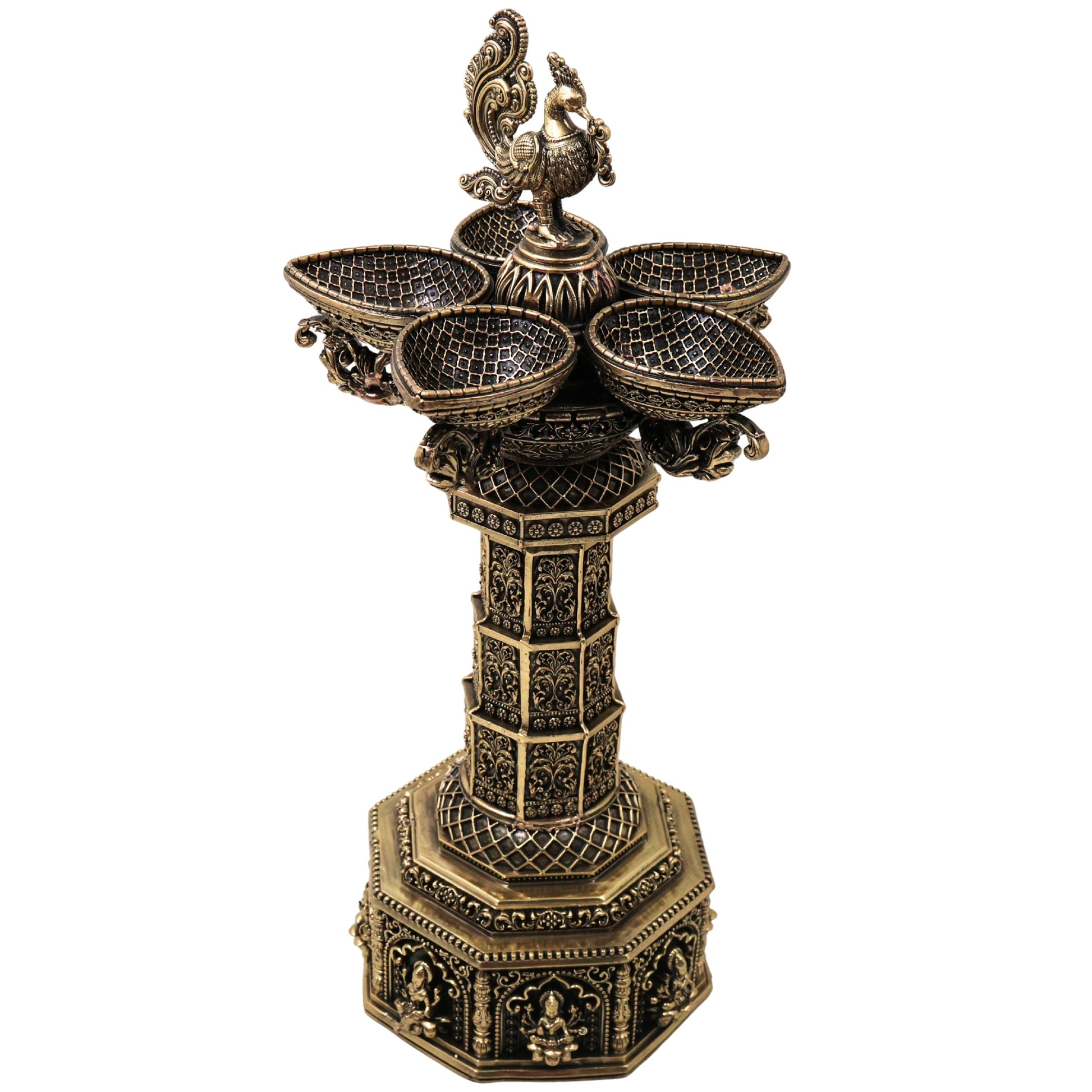 Brass Mahalakshmi Vilakku Lamp for Pooja, Traditional Handcrafted Deepam Home Decor Gift, Gold, 14.5 Inch, 1 Piece