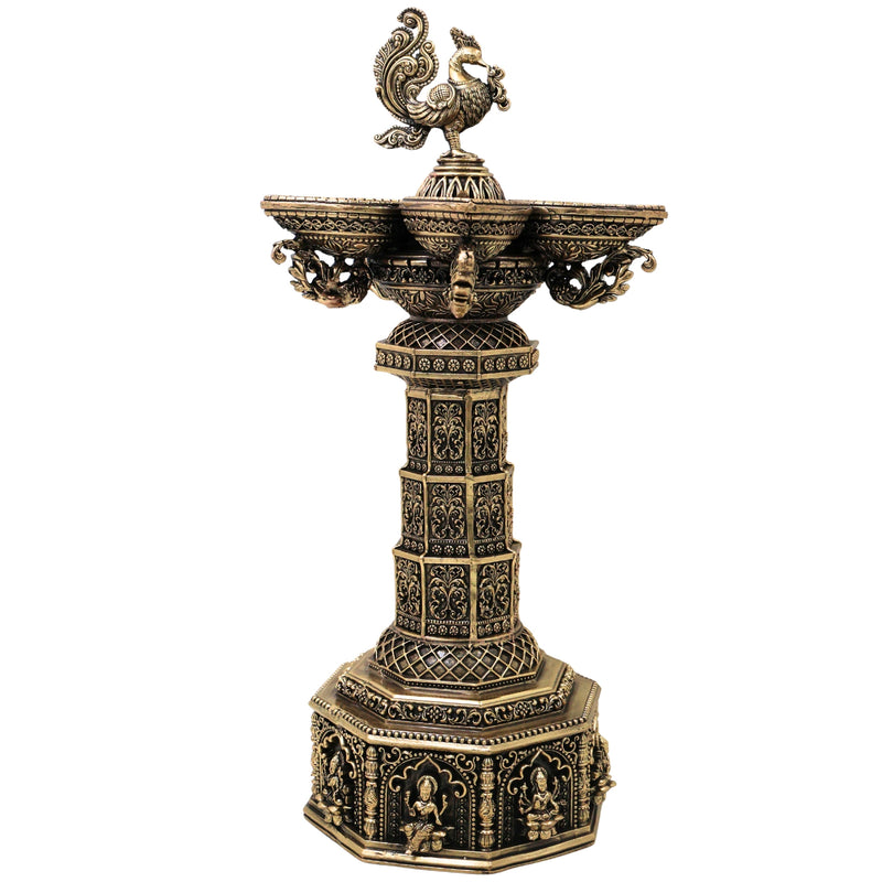 Brass Mahalakshmi Vilakku Lamp for Pooja, Traditional Handcrafted Deepam Home Decor Gift, Gold, 14.5 Inch, 1 Piece