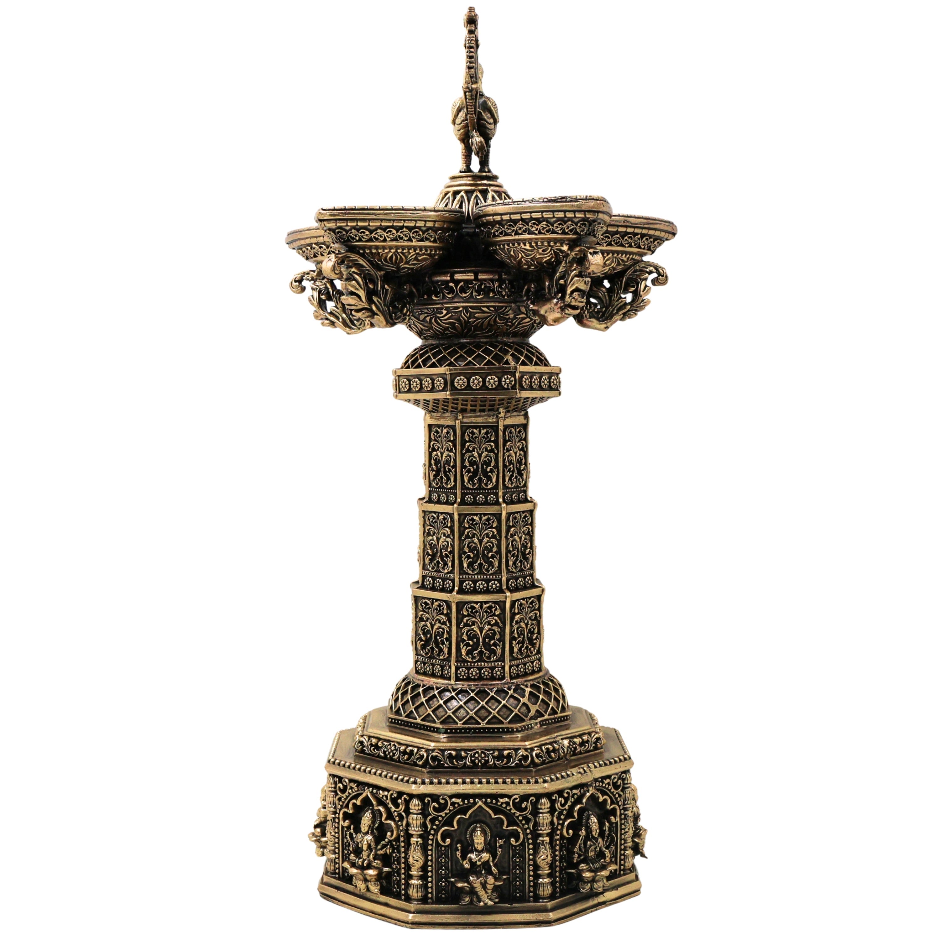 Brass Mahalakshmi Vilakku Lamp for Pooja, Traditional Handcrafted Deepam Home Decor Gift, Gold, 14.5 Inch, 1 Piece