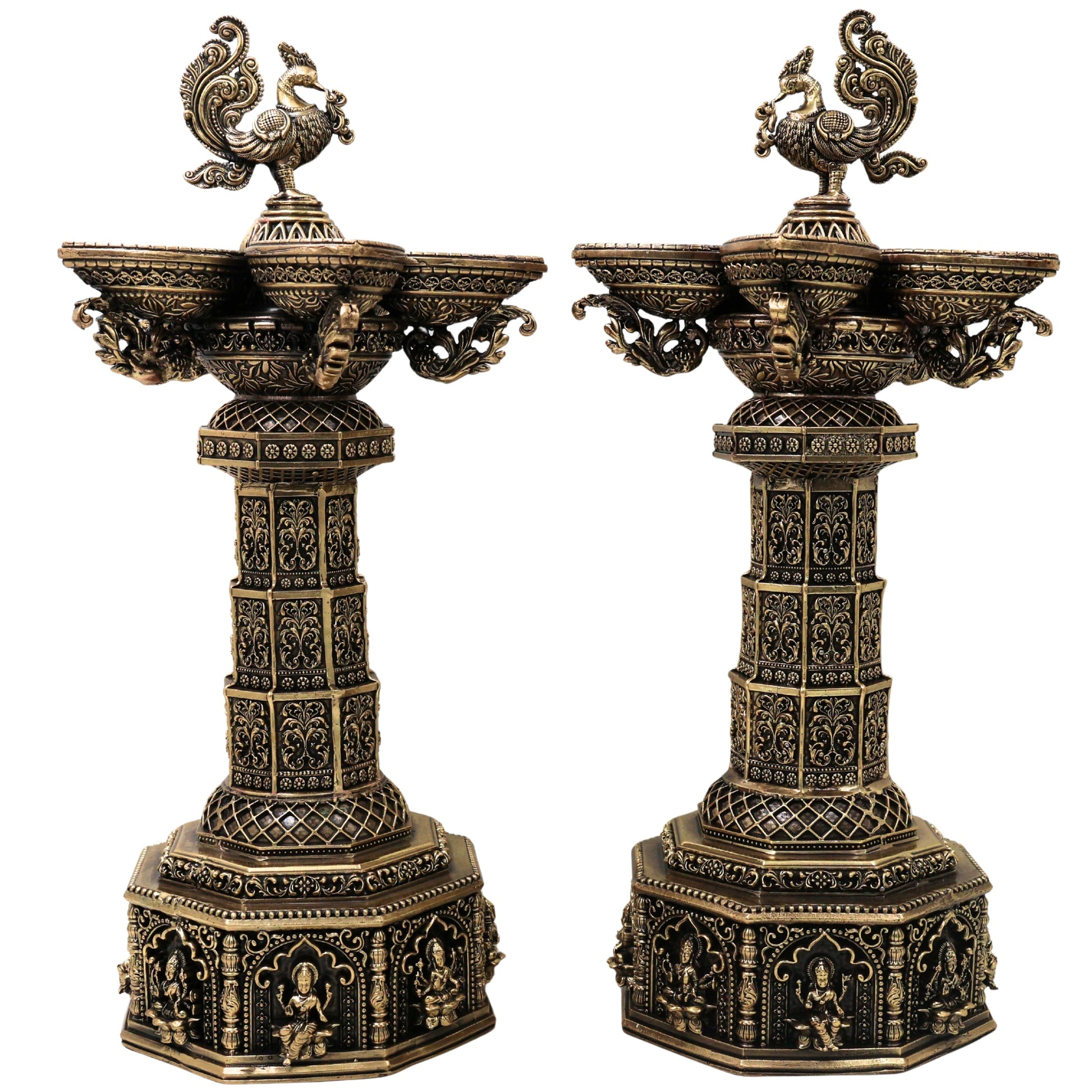 Brass Peacock Lakshmi Vilakku Deepam Handcrafted Traditional Chola Pooja Home Decor Gift LampSet Of 2, Gold, 14.5 Inch, 2 Piece