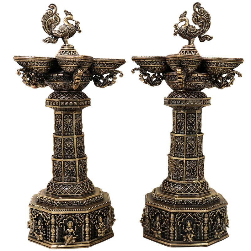 Brass Peacock Lakshmi Vilakku Deepam Handcrafted Traditional Chola Pooja Home Decor Gift LampSet Of 2, Gold, 14.5 Inch, 2 Piece
