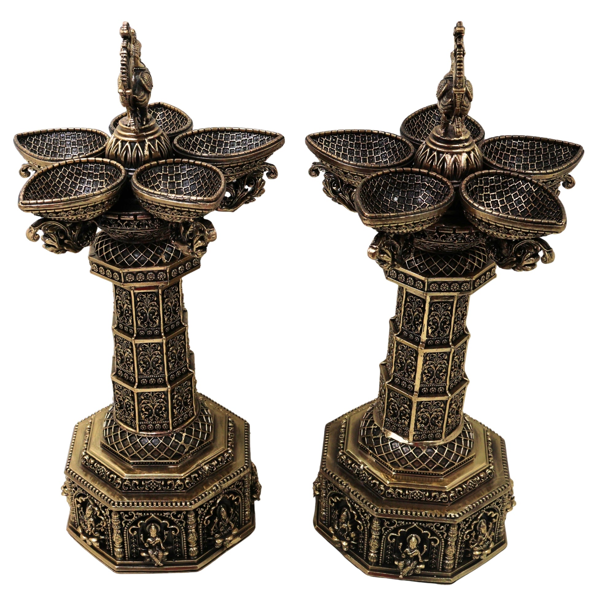Brass Peacock Lakshmi Vilakku Deepam Handcrafted Traditional Chola Pooja Home Decor Gift LampSet Of 2, Gold, 14.5 Inch, 2 Piece