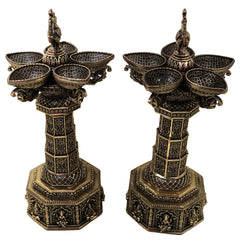 Brass Peacock Lakshmi Vilakku Deepam Handcrafted Traditional Chola Pooja Home Decor Gift LampSet Of 2, Gold, 14.5 Inch, 2 Piece