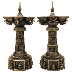 Brass Peacock Lakshmi Vilakku Deepam Handcrafted Traditional Chola Pooja Home Decor Gift LampSet Of 2, Gold, 14.5 Inch, 2 Piece