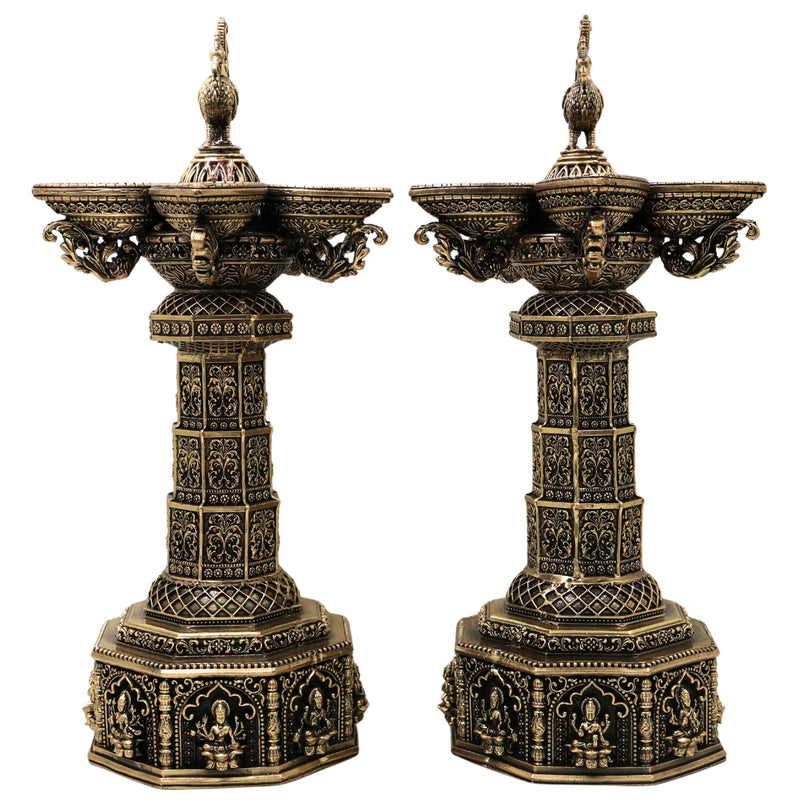 Brass Peacock Lakshmi Vilakku Deepam Handcrafted Traditional Chola Pooja Home Decor Gift LampSet Of 2, Gold, 14.5 Inch, 2 Piece