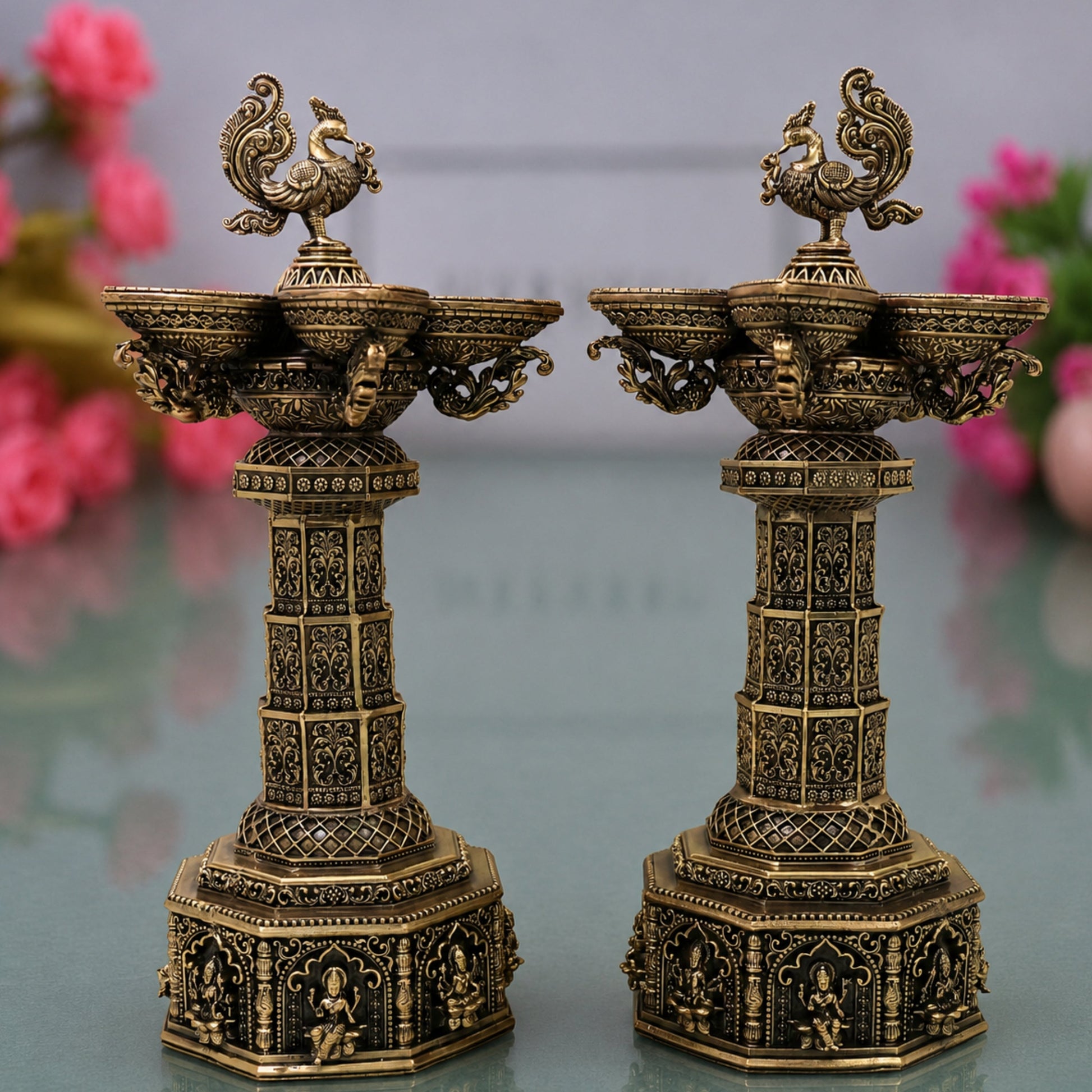 Brass Peacock Lakshmi Vilakku Deepam Handcrafted Traditional Chola Pooja Home Decor Gift LampSet Of 2, Gold, 14.5 Inch, 2 Piece