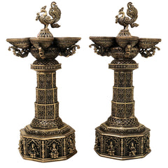 Brass Peacock Lakshmi Vilakku Deepam Handcrafted Traditional Chola Pooja Home Decor Gift LampSet Of 2, Gold, 14.5 Inch, 2 Piece
