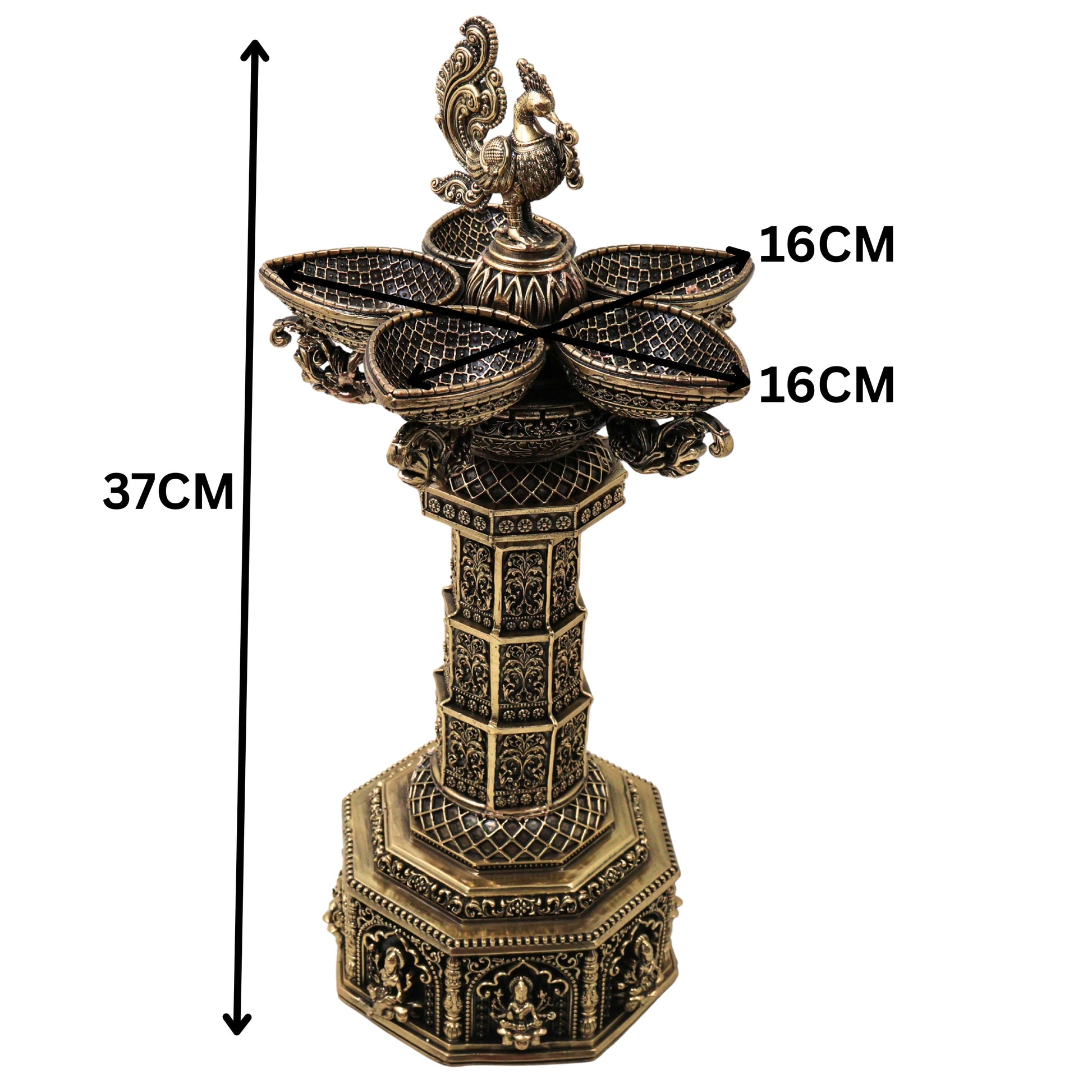 Brass Peacock Lakshmi Vilakku Deepam Handcrafted Traditional Chola Pooja Home Decor Gift LampSet Of 2, Gold, 14.5 Inch, 2 Piece