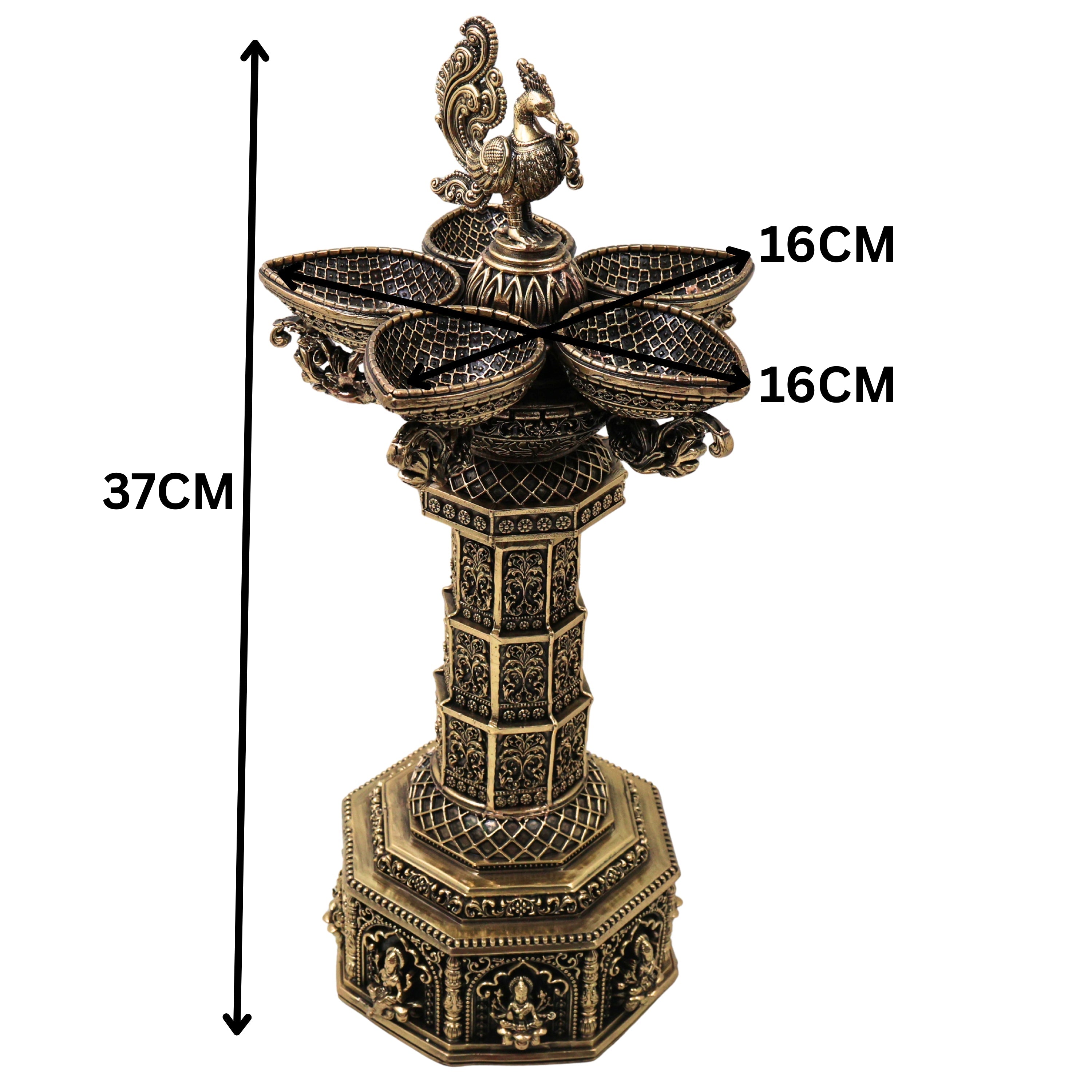 Brass Peacock Lakshmi Vilakku Deepam Handcrafted Traditional Chola Pooja Home Decor Gift LampSet Of 2, Gold, 14.5 Inch, 2 Piece