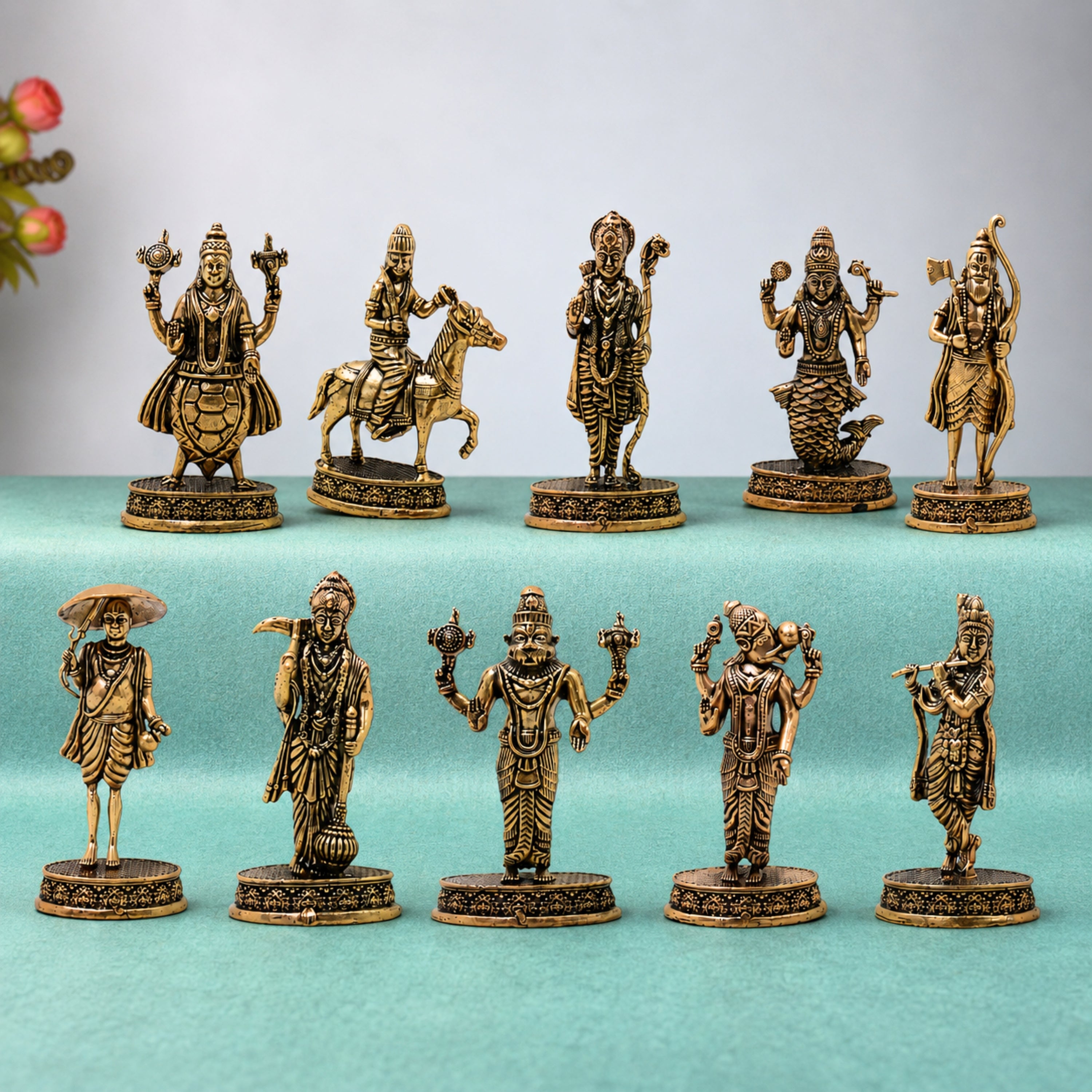 Brass Vishnu Dashavatar Set Idol Handcrafted Dashavatara Murti for Pooja, Temple Decor & Gifting, Gold, 3 Inch, 10 Piece