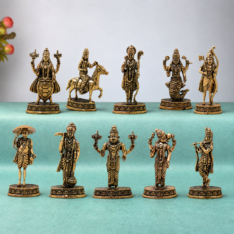 Brass Vishnu Dashavatar Set Idol Handcrafted Dashavatara Murti for Pooja, Temple Decor & Gifting, Gold, 3 Inch, 10 Piece