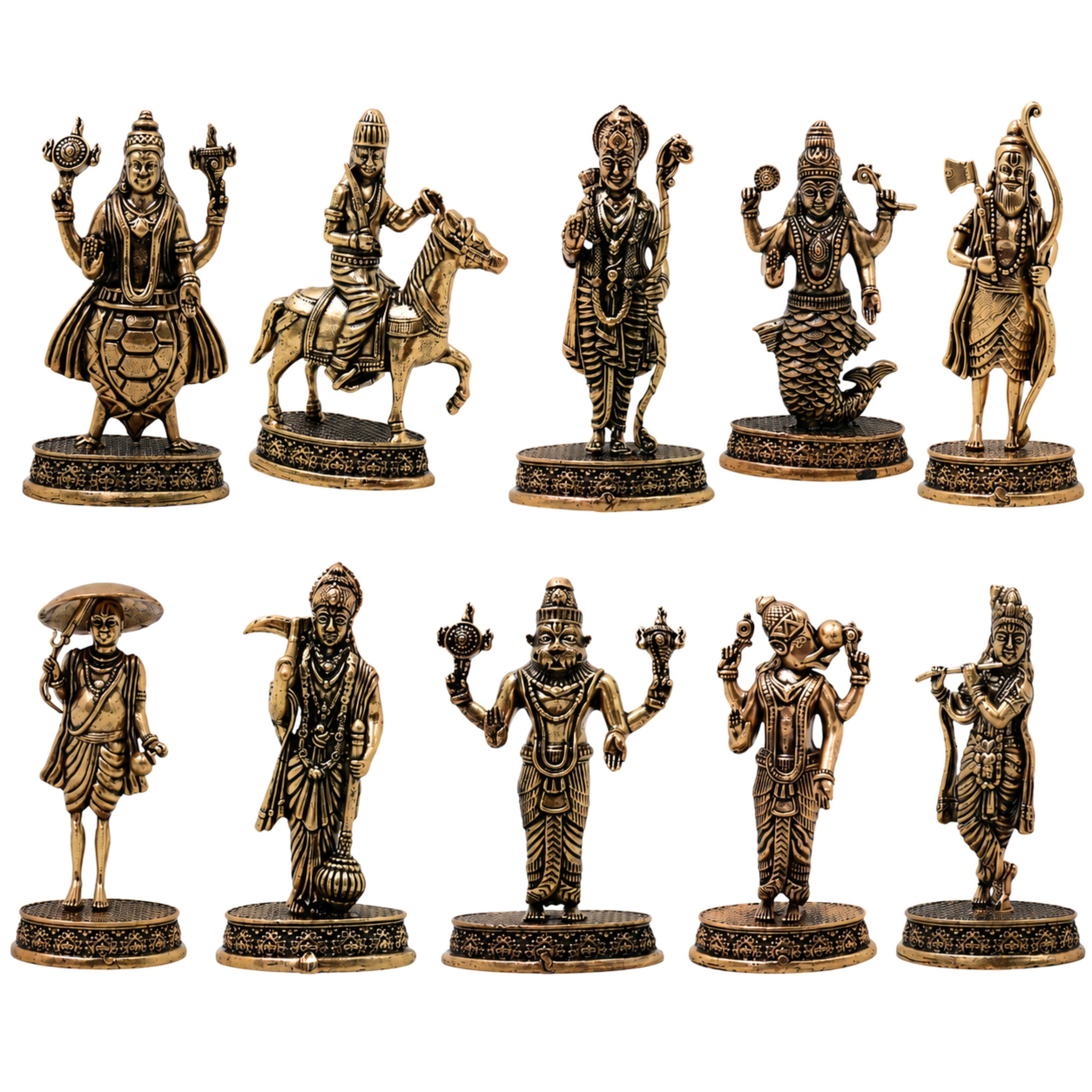 Brass Vishnu Dashavatar Set Idol Handcrafted Dashavatara Murti for Pooja, Temple Decor & Gifting, Gold, 3 Inch, 10 Piece