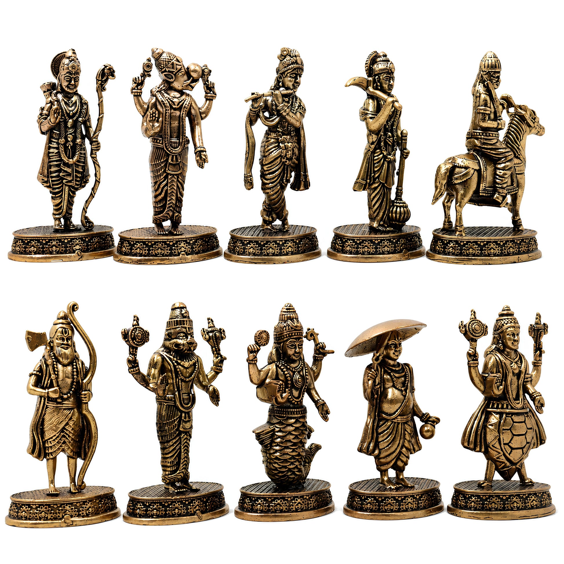 Brass Vishnu Dashavatar Set Idol Handcrafted Dashavatara Murti for Pooja, Temple Decor & Gifting, Gold, 3 Inch, 10 Piece