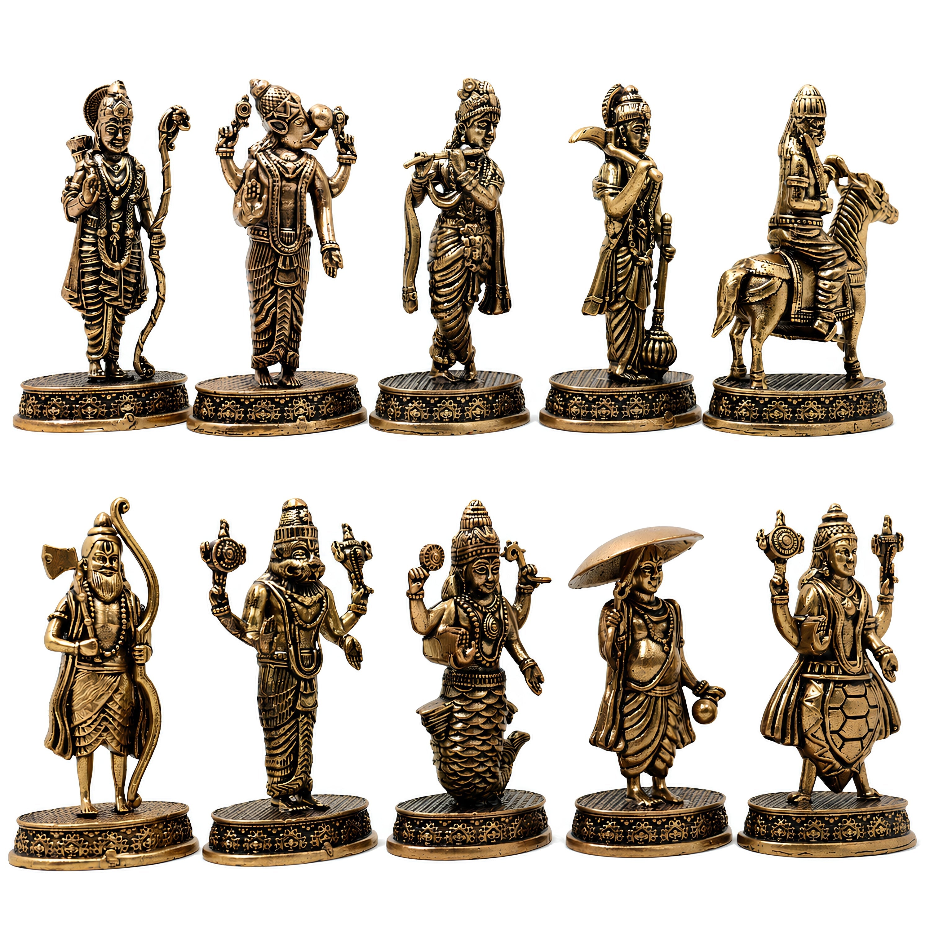 Brass Vishnu Dashavatar Set Idol Handcrafted Dashavatara Murti for Pooja, Temple Decor & Gifting, Gold, 3 Inch, 10 Piece