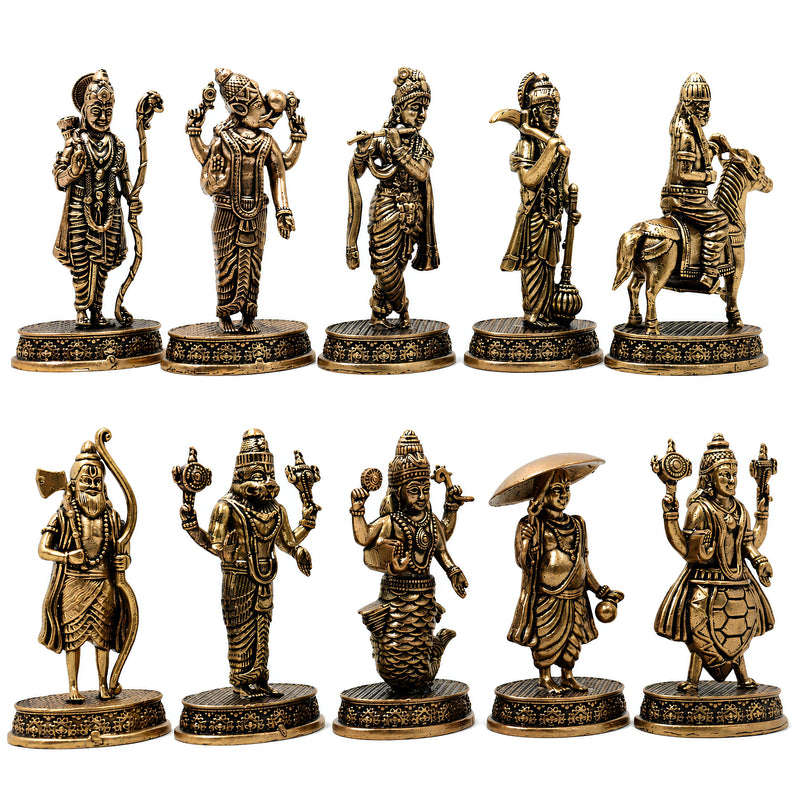 Brass Vishnu Dashavatar Set Idol Handcrafted Dashavatara Murti for Pooja, Temple Decor & Gifting, Gold, 3 Inch, 10 Piece
