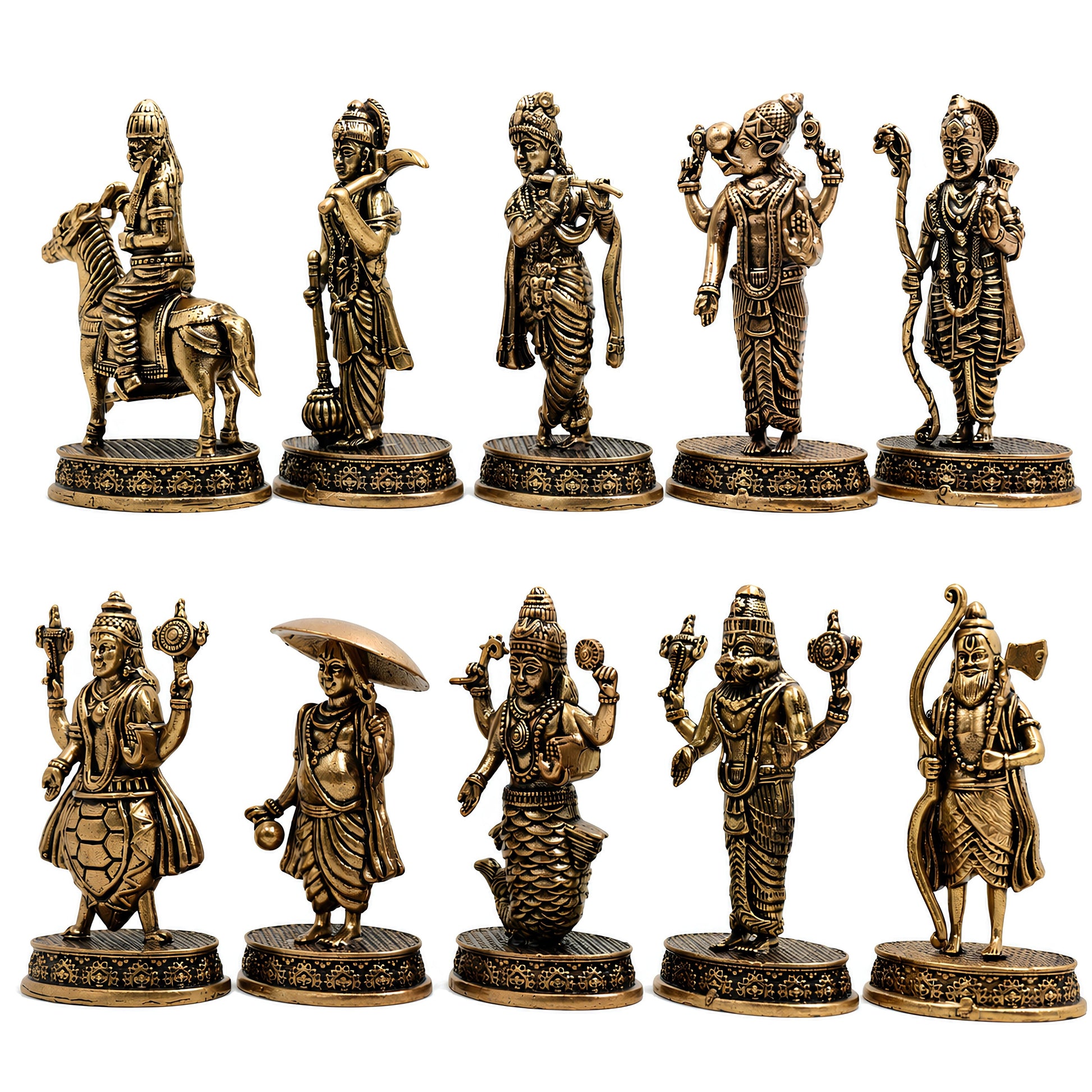 Brass Vishnu Dashavatar Set Idol Handcrafted Dashavatara Murti for Pooja, Temple Decor & Gifting, Gold, 3 Inch, 10 Piece