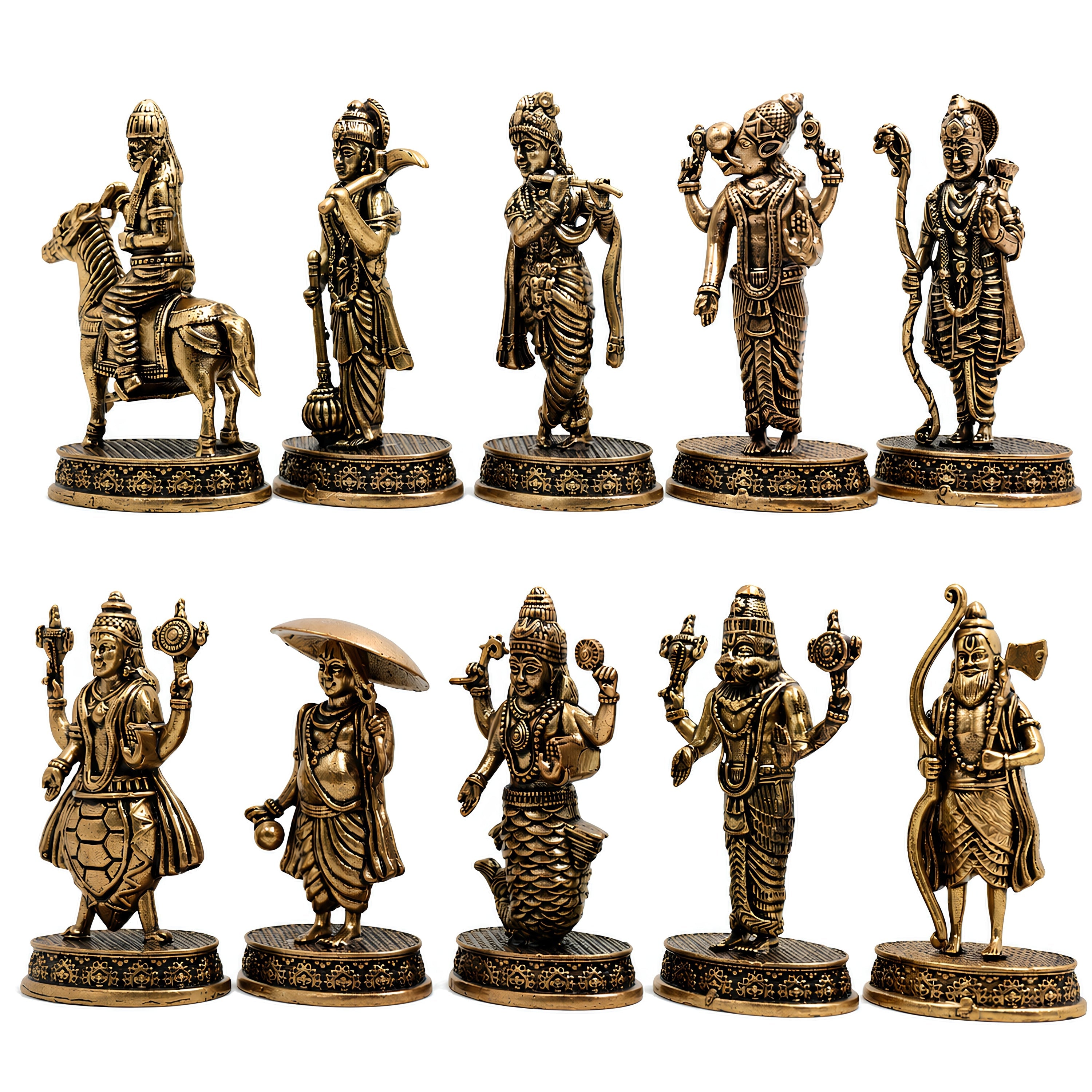 Brass Vishnu Dashavatar Set Idol Handcrafted Dashavatara Murti for Pooja, Temple Decor & Gifting, Gold, 3 Inch, 10 Piece
