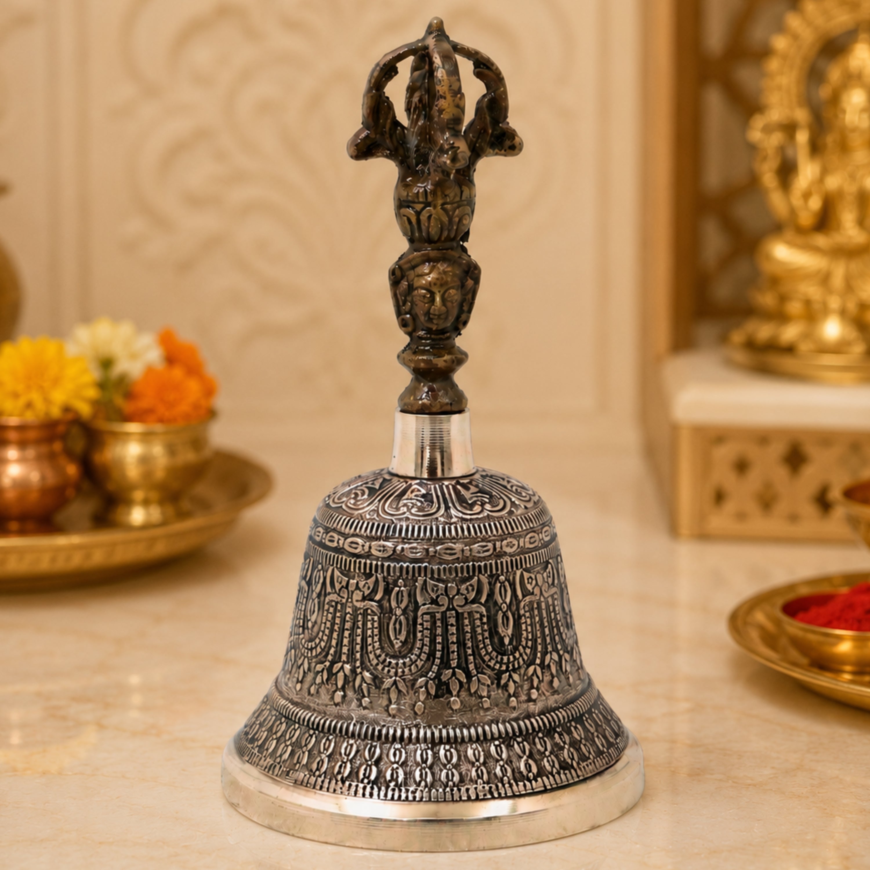 Bronze Pooja Bell Handmade Chola Ghanti for Mandir, Aarti, Spiritual Decor & Traditional Gifting, Gold, 7 Inch, 1 Piece