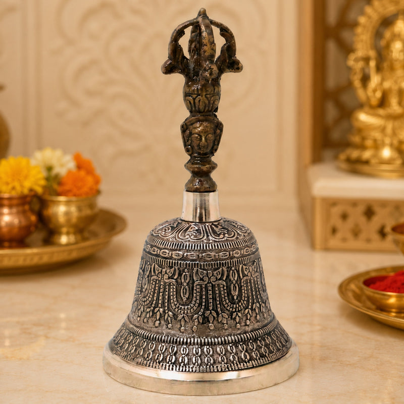 Bronze Pooja Bell Handmade Chola Ghanti for Mandir, Aarti, Spiritual Decor & Traditional Gifting, Gold, 7 Inch, 1 Piece