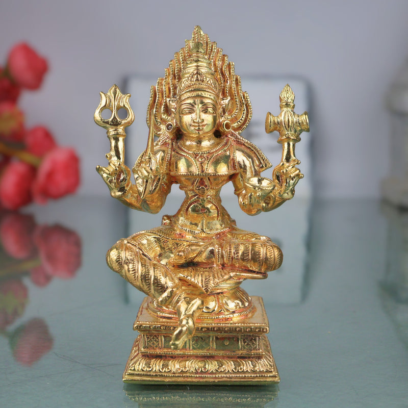 Handmade Bronze Mariyamma Mariamman Amman Devi Vigraham Traditional South Indian Sacred Temple Idol Statue for Pooja Mandir Home Decor, Gold, 4 Inch, 1 Piece