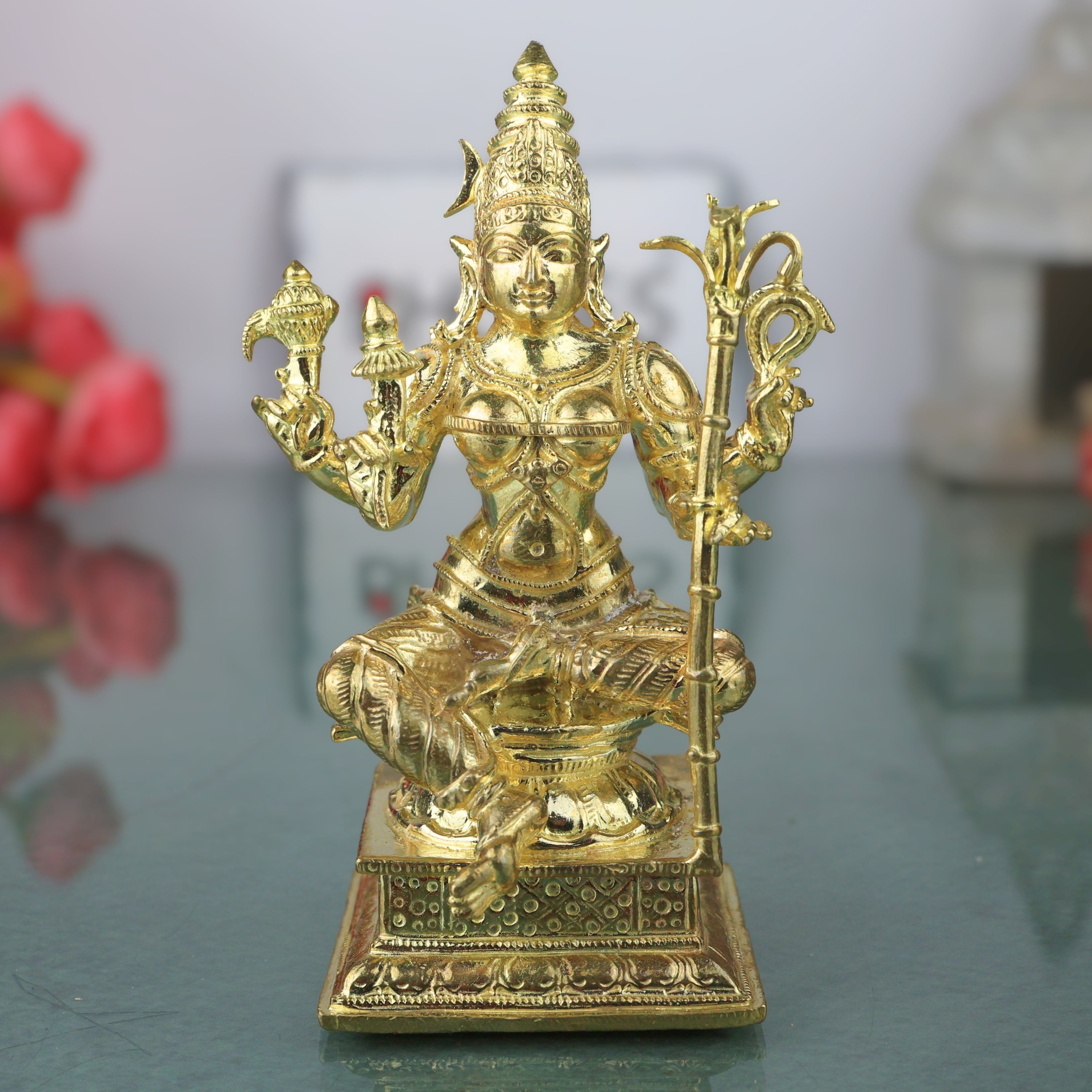 Bronze Rajarajeshwari Devi Idol, Lalita Tripurasundari Sri Lalitambika Mahadevi Handmade Temple Vigraham for Pooja Mandir Decor, Gold, 4.5 Inch, 1 Piece