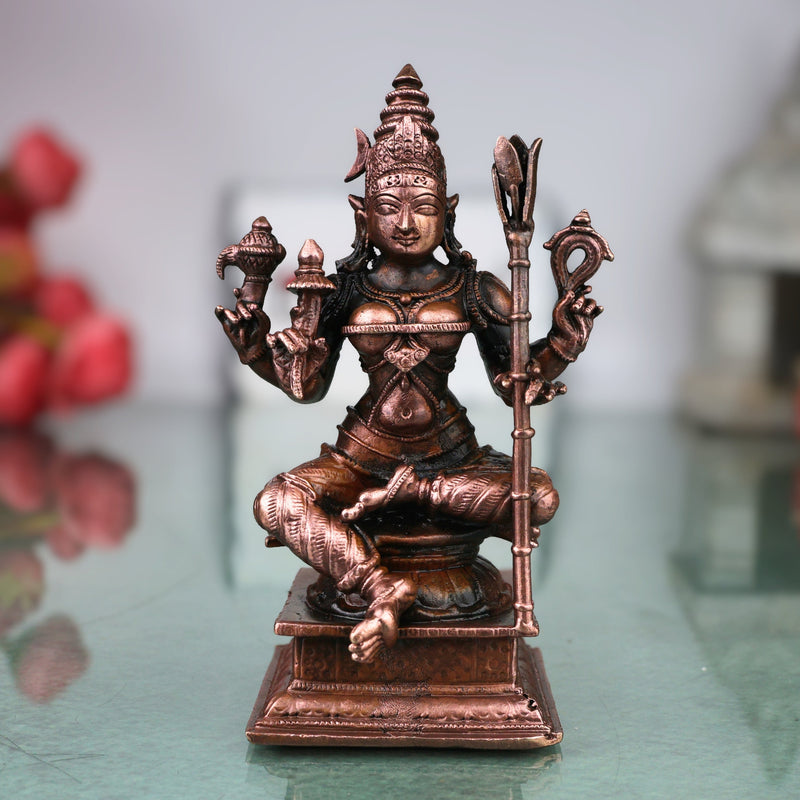Copper Rajarajeshwari Devi Idol Lalita Tripurasundari Statue Handmade Shodashi Devi Murti for Pooja Mandir Decor Gift, Brown, 4.5 Inch, 1 Piece