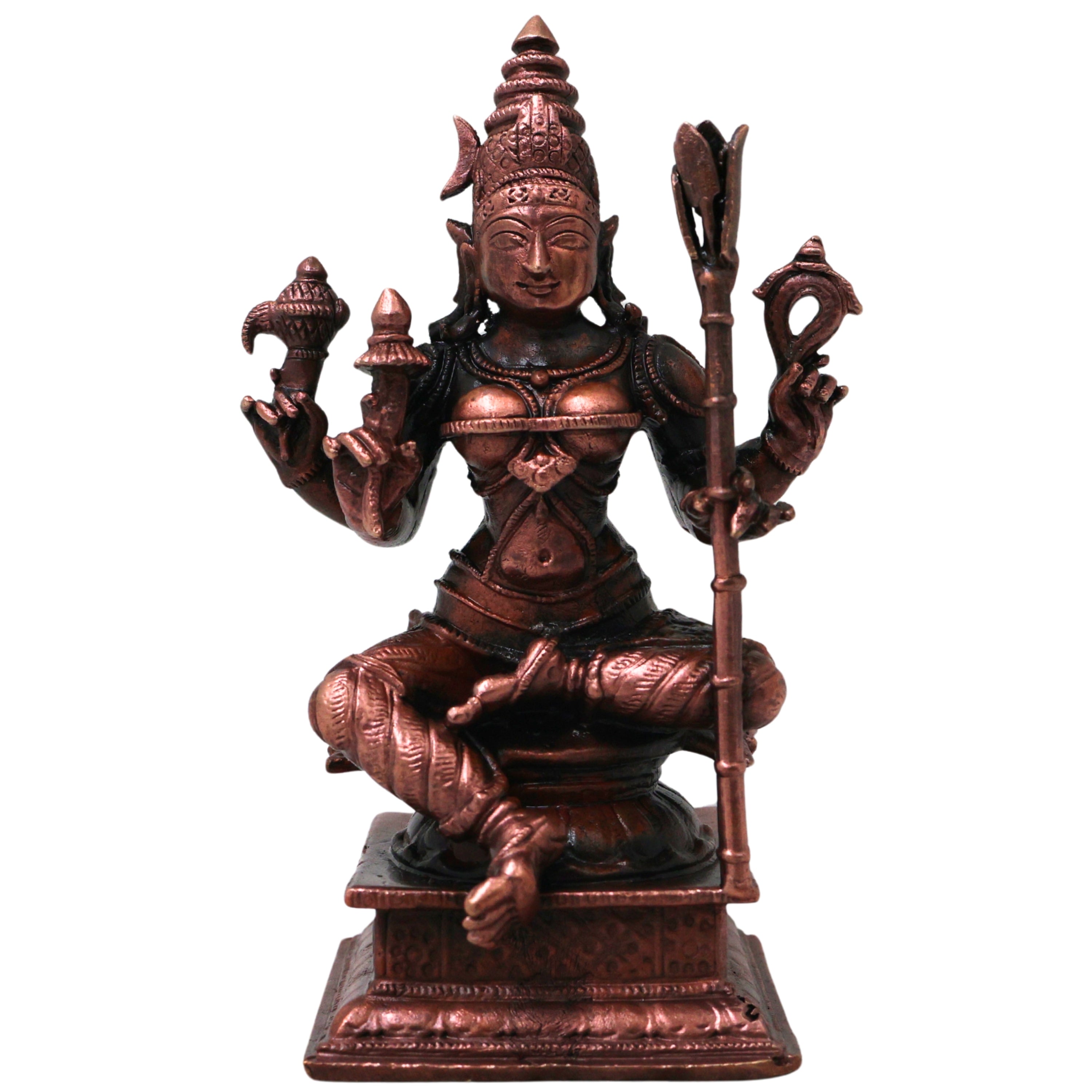 Copper Rajarajeshwari Devi Idol Lalita Tripurasundari Statue Handmade Shodashi Devi Murti for Pooja Mandir Decor Gift, Brown, 4.5 Inch, 1 Piece
