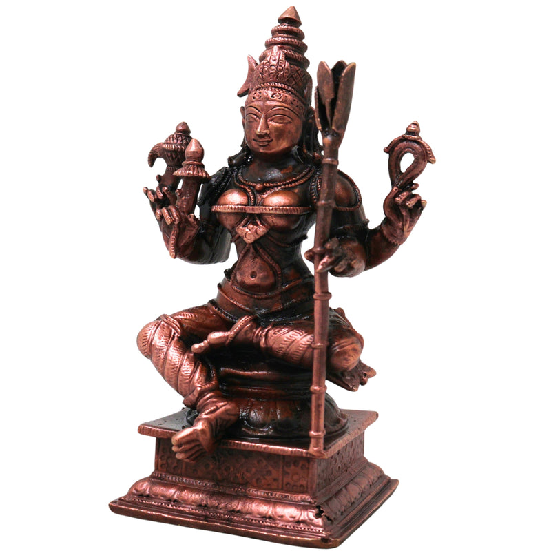 Copper Rajarajeshwari Devi Idol Lalita Tripurasundari Statue Handmade Shodashi Devi Murti for Pooja Mandir Decor Gift, Brown, 4.5 Inch, 1 Piece