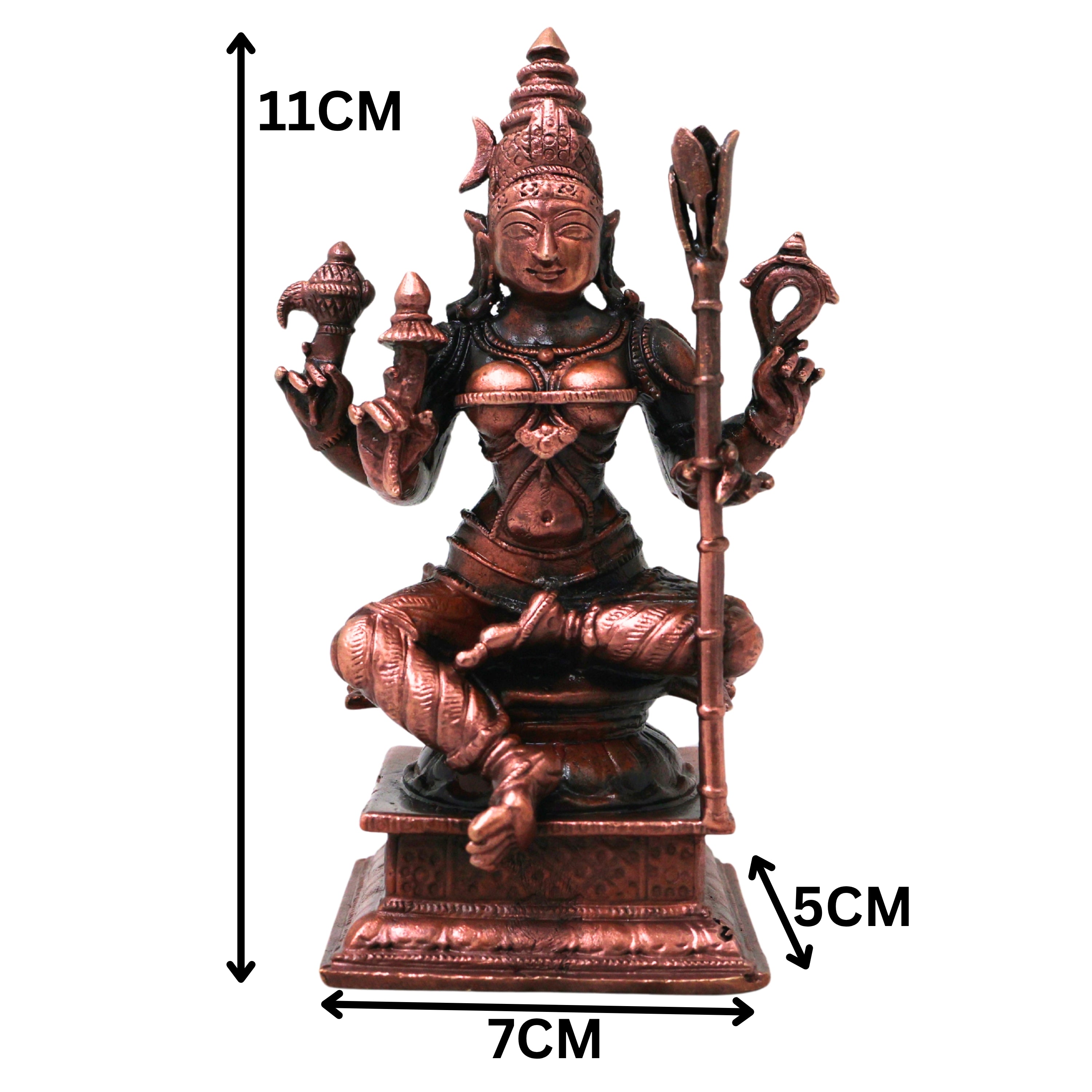 Copper Rajarajeshwari Devi Idol Lalita Tripurasundari Statue Handmade Shodashi Devi Murti for Pooja Mandir Decor Gift, Brown, 4.5 Inch, 1 Piece