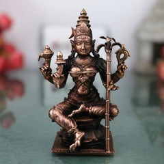 Copper Bhuvaneshwari Devi Idol Handmade Tamra Bhuvaneshwari Taamra Murti Thamira Amman Tamba Vigraham for Pooja Room Temple Decor, Brown, 4 Inch, 1 Piece