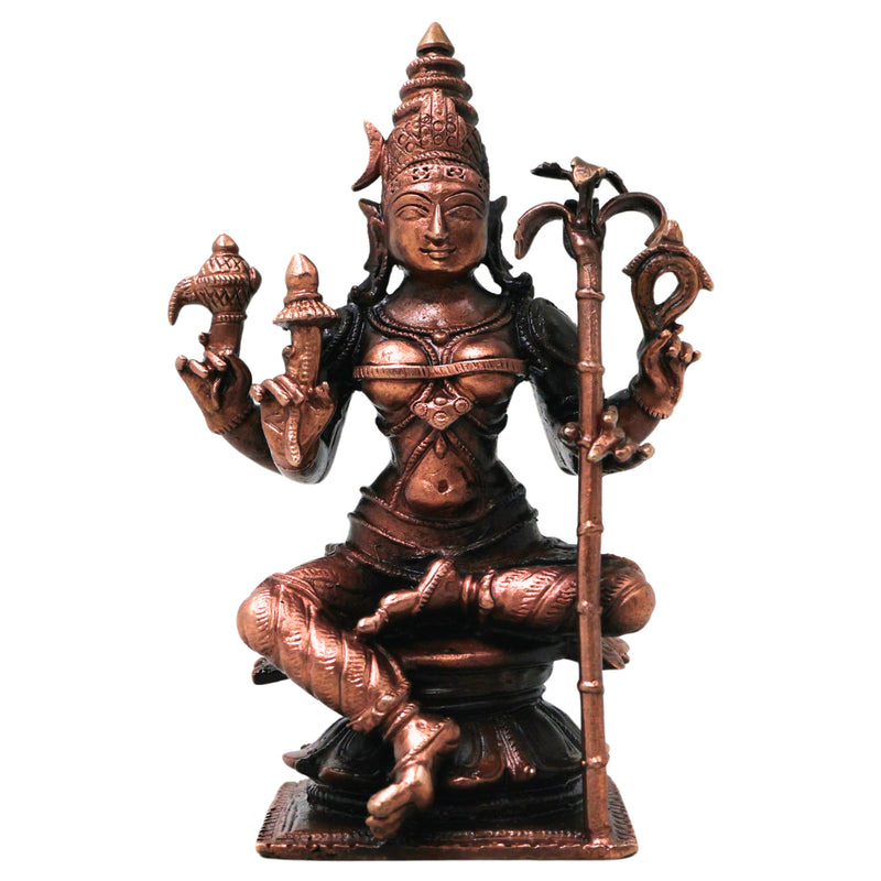 Copper Bhuvaneshwari Devi Idol Handmade Tamra Bhuvaneshwari Taamra Murti Thamira Amman Tamba Vigraham for Pooja Room Temple Decor, Brown, 4 Inch, 1 Piece