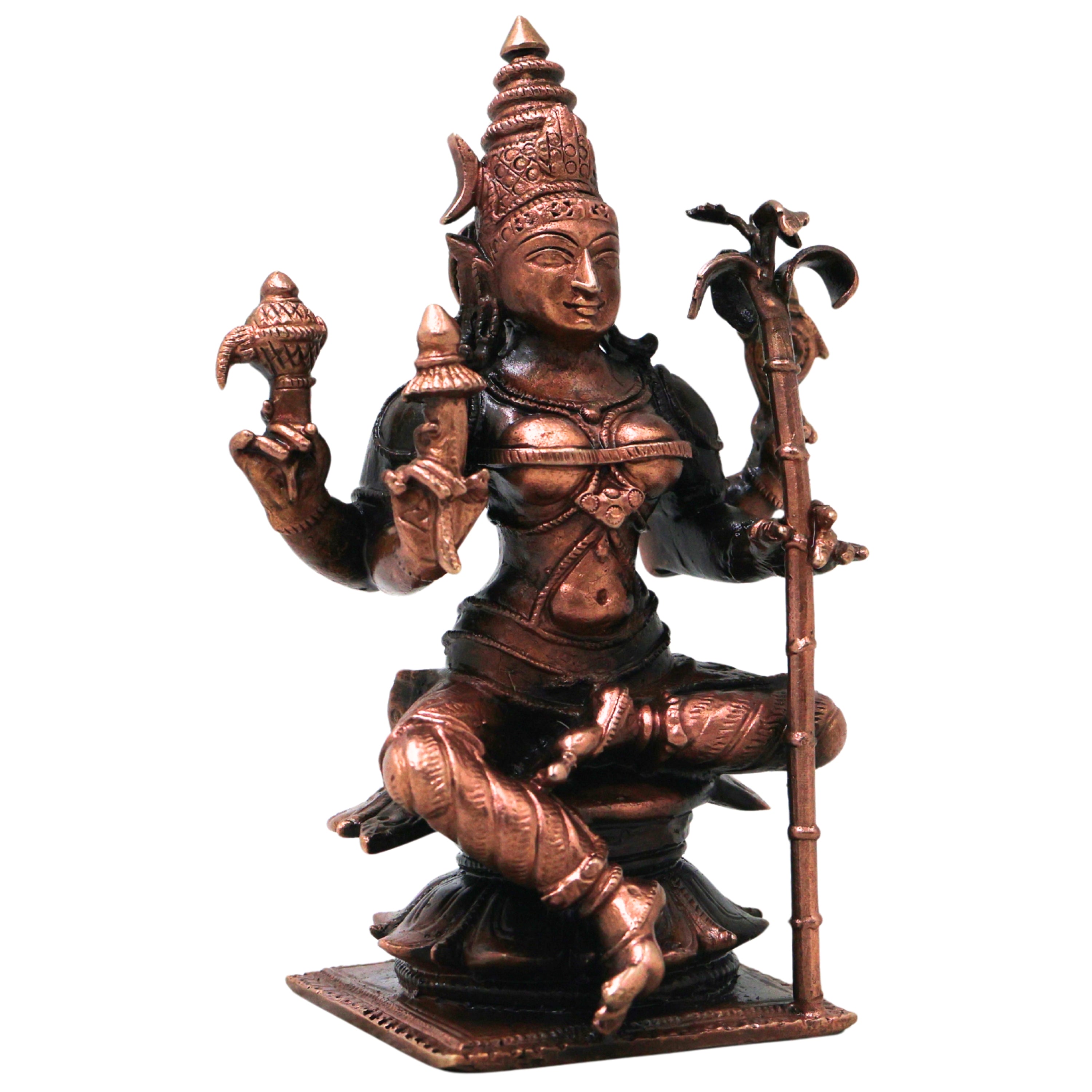 Copper Bhuvaneshwari Devi Idol Handmade Tamra Bhuvaneshwari Taamra Murti Thamira Amman Tamba Vigraham for Pooja Room Temple Decor, Brown, 4 Inch, 1 Piece