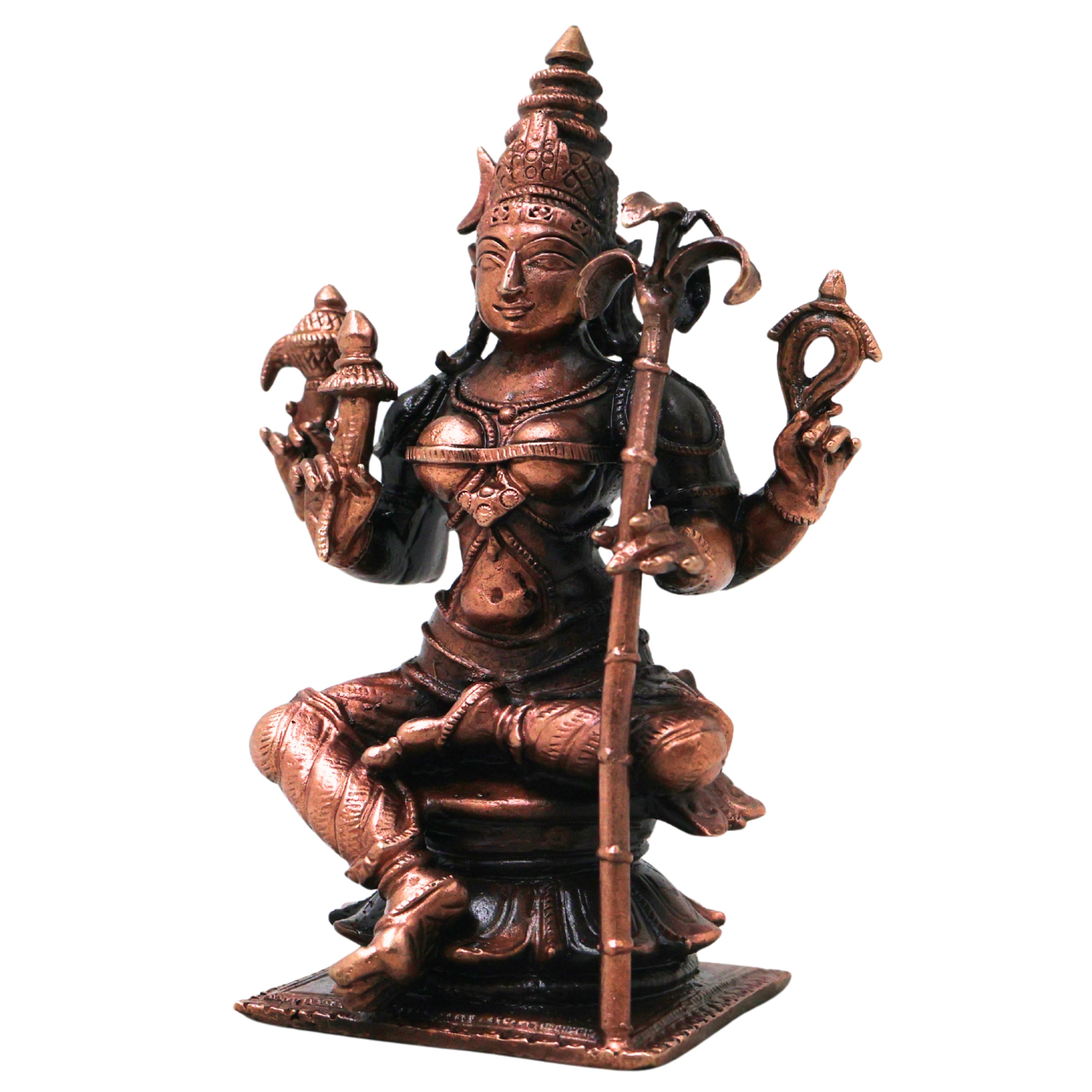 Copper Bhuvaneshwari Devi Idol Handmade Tamra Bhuvaneshwari Taamra Murti Thamira Amman Tamba Vigraham for Pooja Room Temple Decor, Brown, 4 Inch, 1 Piece
