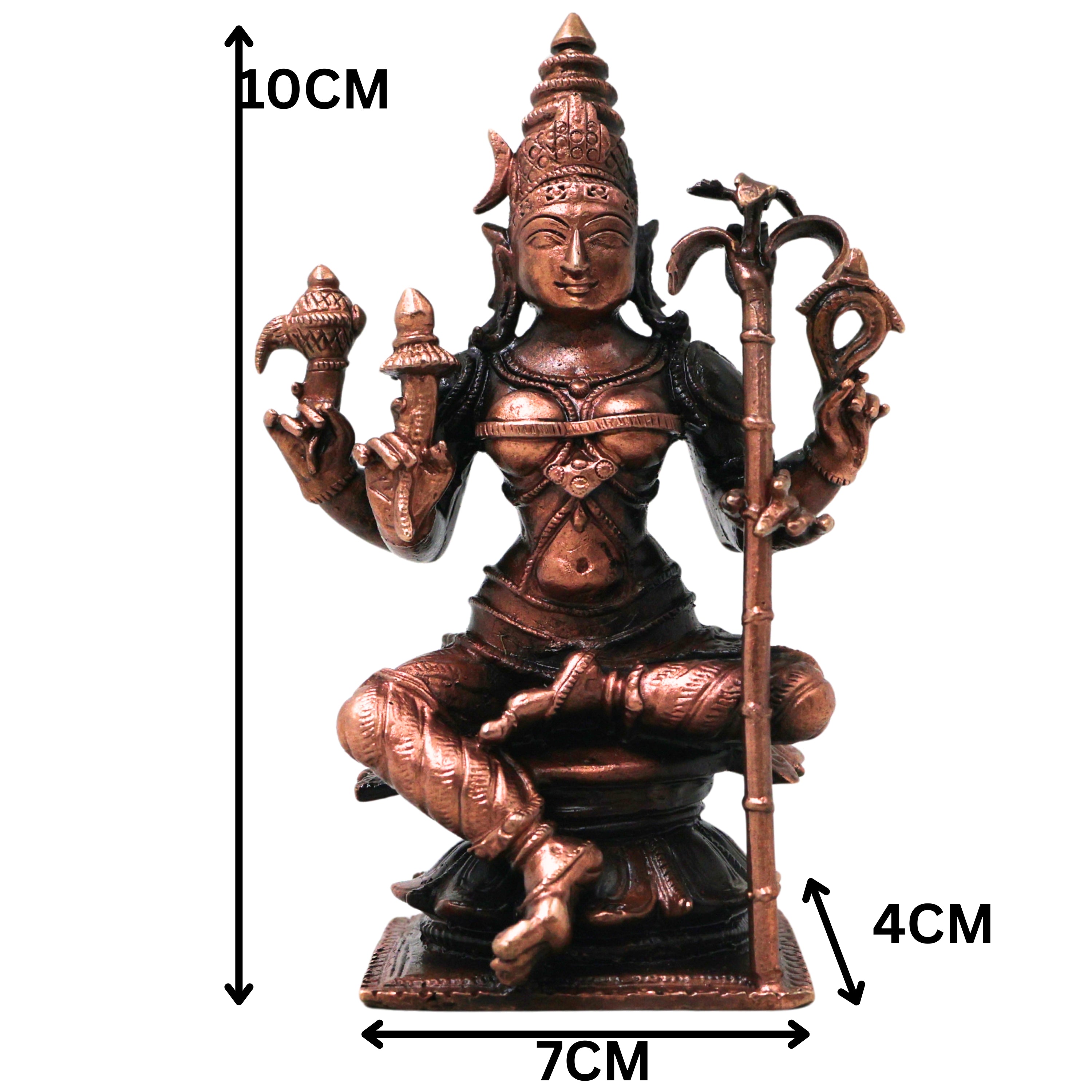 Copper Bhuvaneshwari Devi Idol Handmade Tamra Bhuvaneshwari Taamra Murti Thamira Amman Tamba Vigraham for Pooja Room Temple Decor, Brown, 4 Inch, 1 Piece