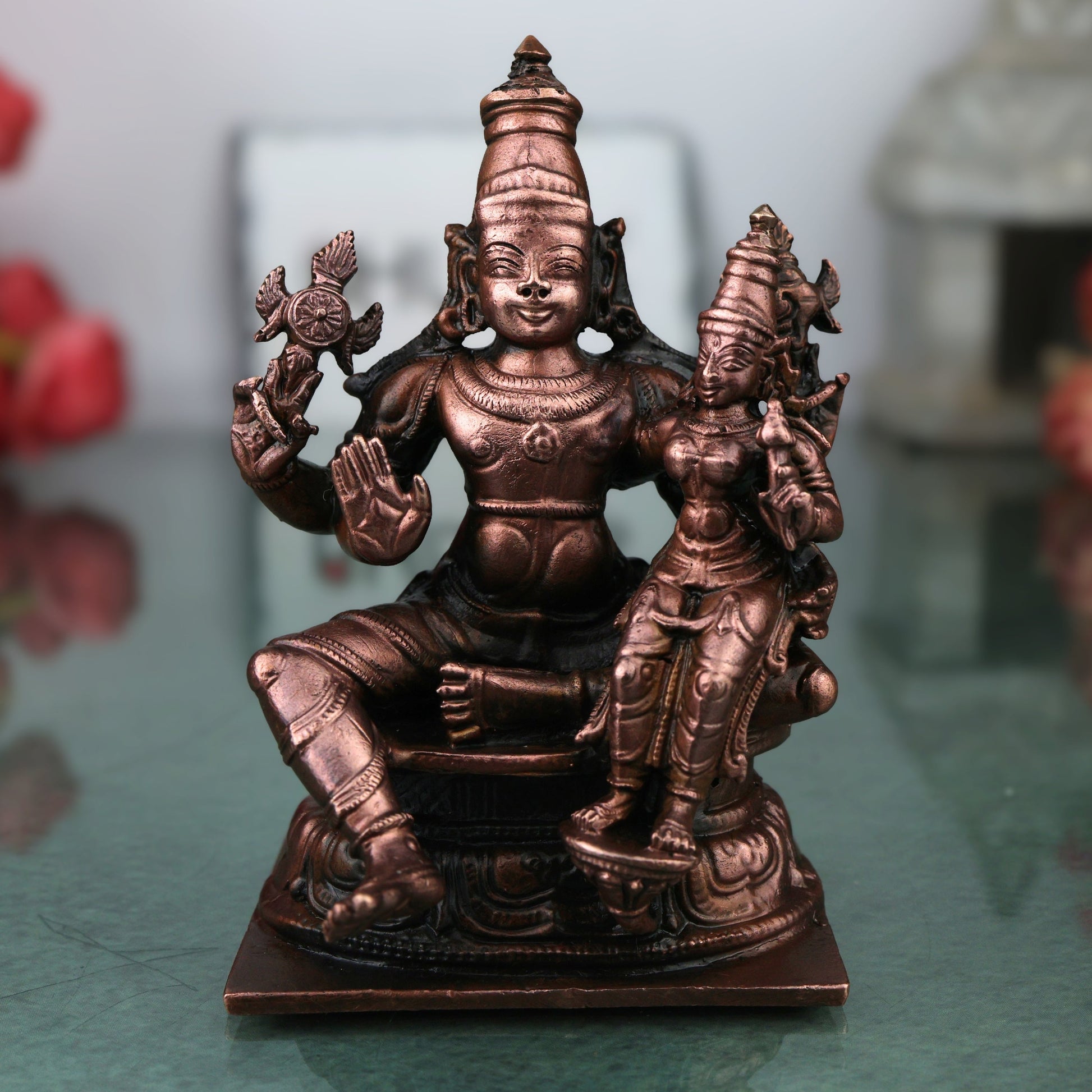 Copper Lakshmi Narayana Idol, Handcrafted Traditional Vishnu Lakshmi Murti for Pooja, Decor & Gifting, Brown, 4 Inch, 1 Piece
