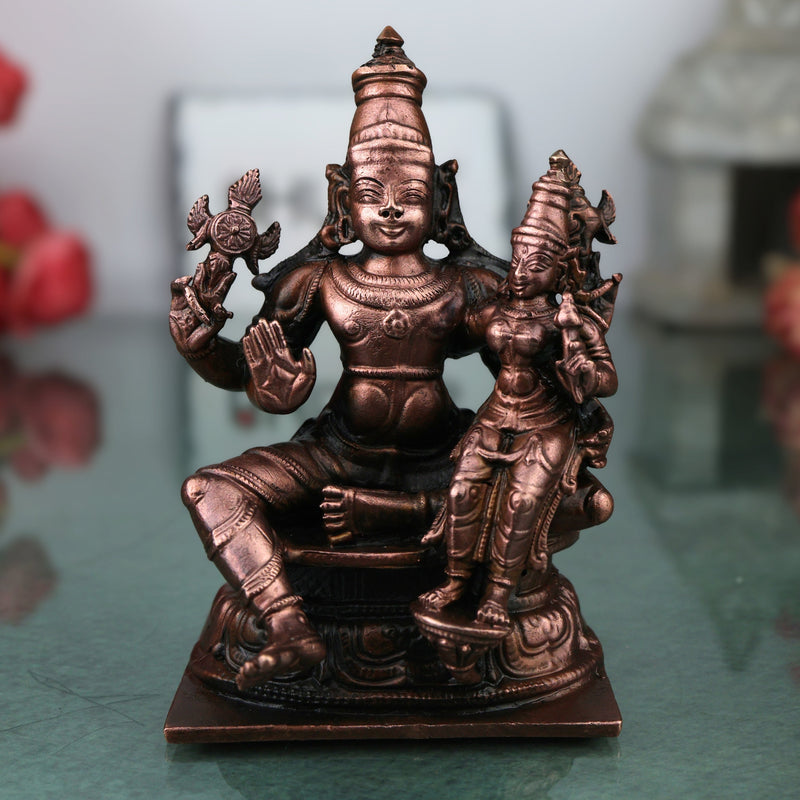 Copper Lakshmi Narayana Idol, Handcrafted Traditional Vishnu Lakshmi Murti for Pooja, Decor & Gifting, Brown, 4 Inch, 1 Piece