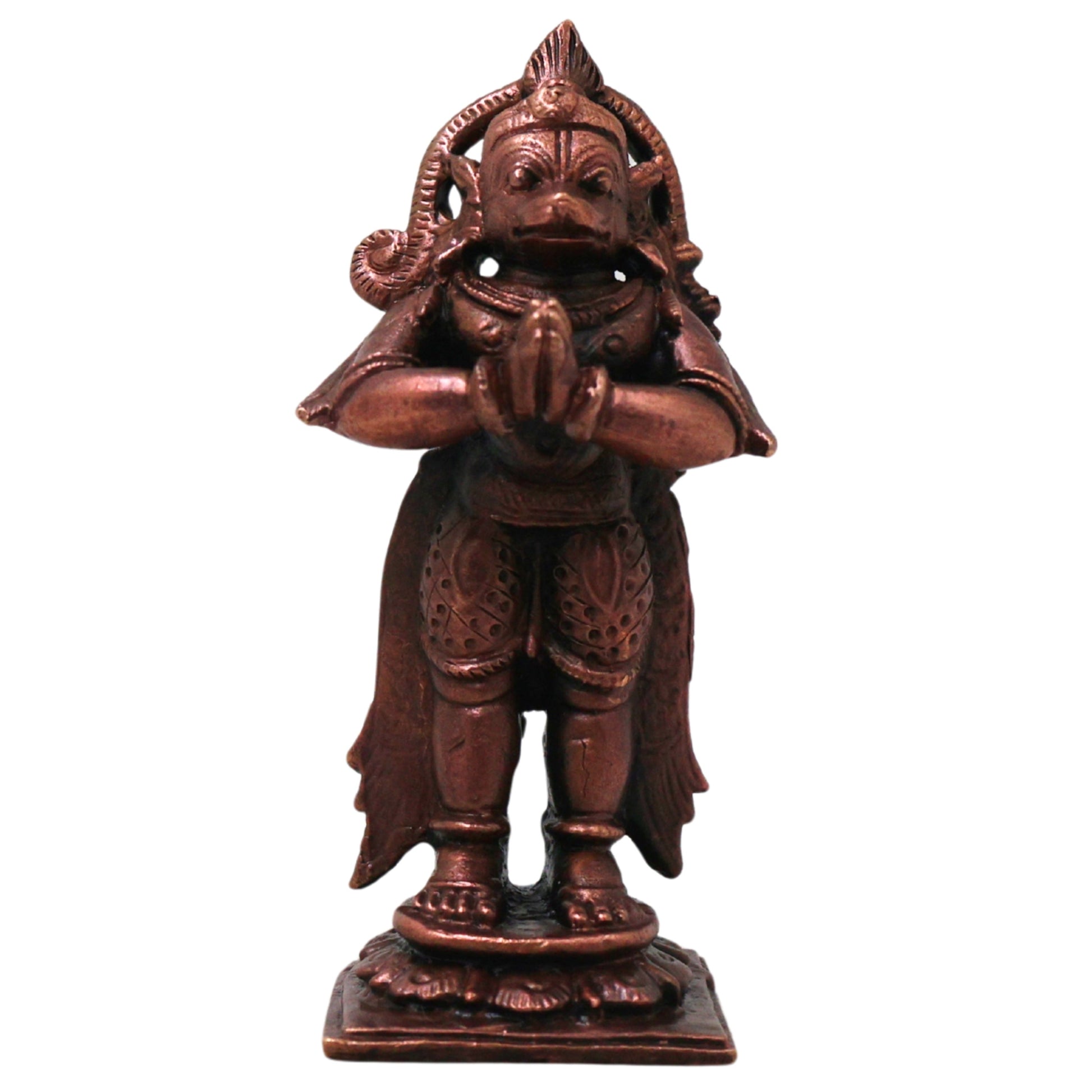 Copper Hanuman Idol Handmade Anjaneya Bajrangbali Murti for Pooja Home Decor Traditional Chola Gift, Brown, 3 Inch, 1 Piece