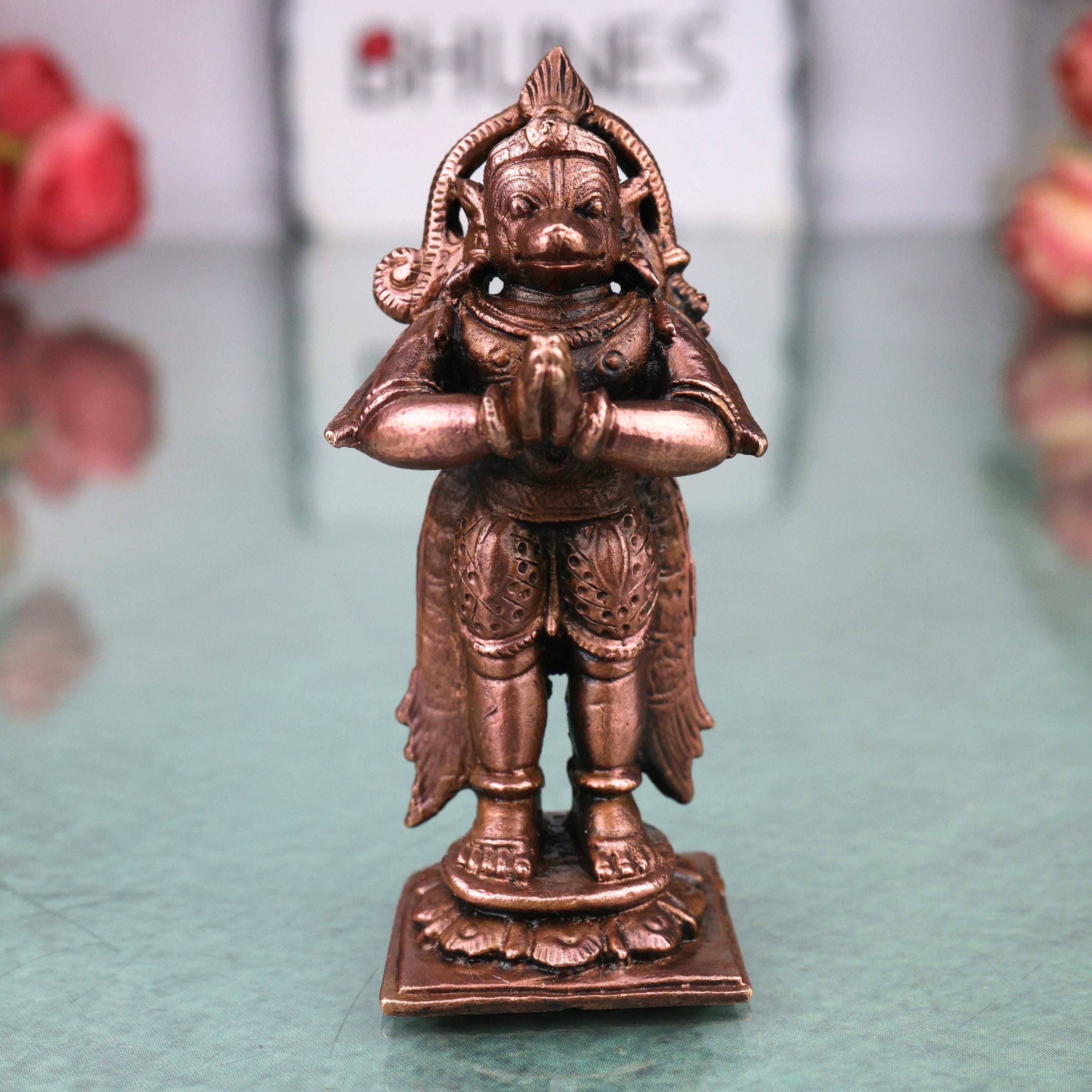 Copper Hanuman Idol Handmade Anjaneya Bajrangbali Murti for Pooja Home Decor Traditional Chola Gift, Brown, 3 Inch, 1 Piece